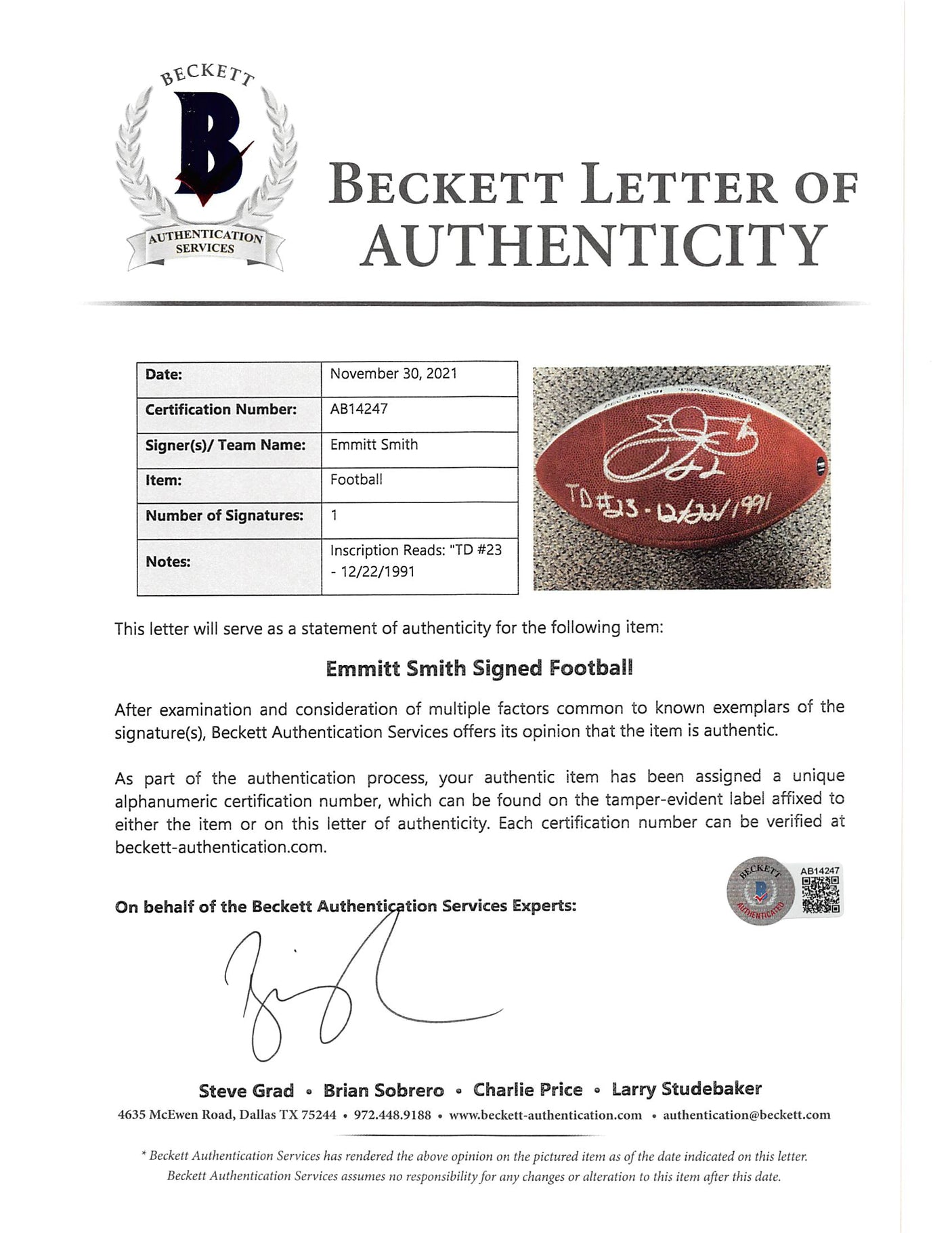 Cowboys Emmitt Smith "TD #23 - 12/22/1991" Signed GU Football BAS & Prova LOA