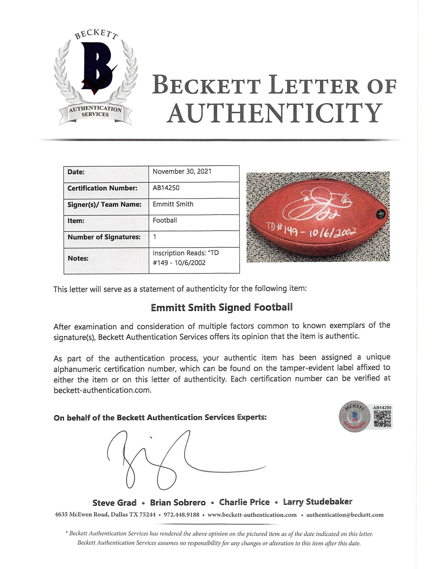 Cowboys Emmitt Smith "TD #149 - 10/6/2002" Signed GU Football BAS & Prova LOA