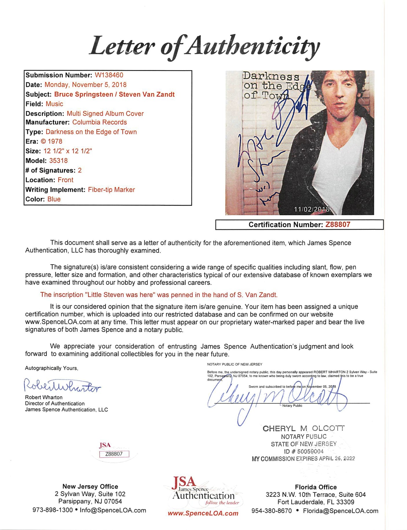 Bruce Springsteen & Steven Van Zandt Signed Album Cover W/ Vinyl JSA #Z88807