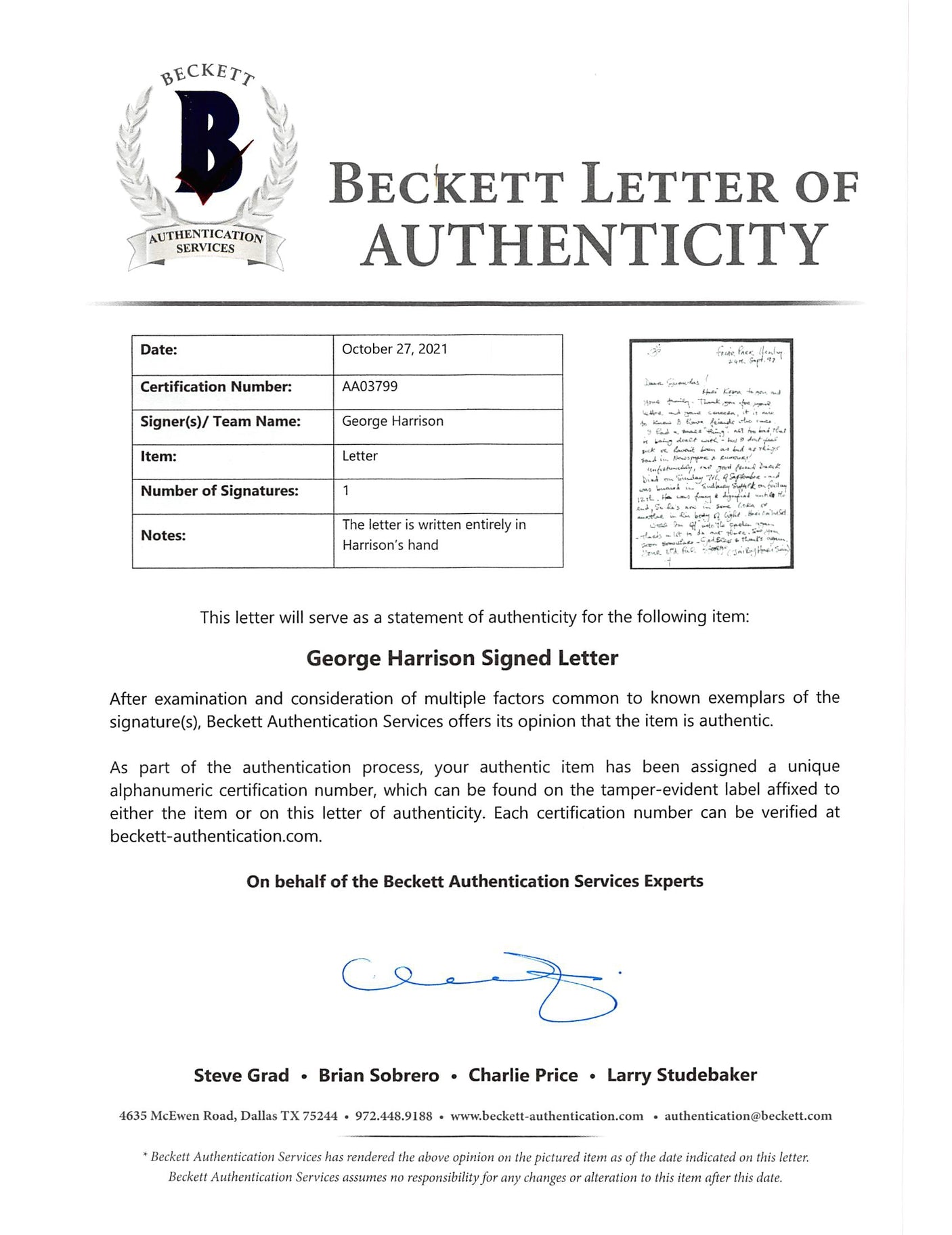 George Harrison The Beatles Authentic Signed Handwritten Letter BAS #AA03799