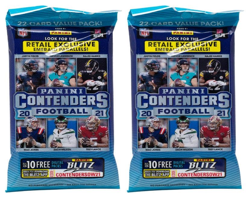 Lot of (2) 2021 Panini Contenders NFL Sealed Football Trading Card Hanger Packs by Sports Integrity, featuring images of NFL rookie players and promotional labels for exclusive cards and digital packs.