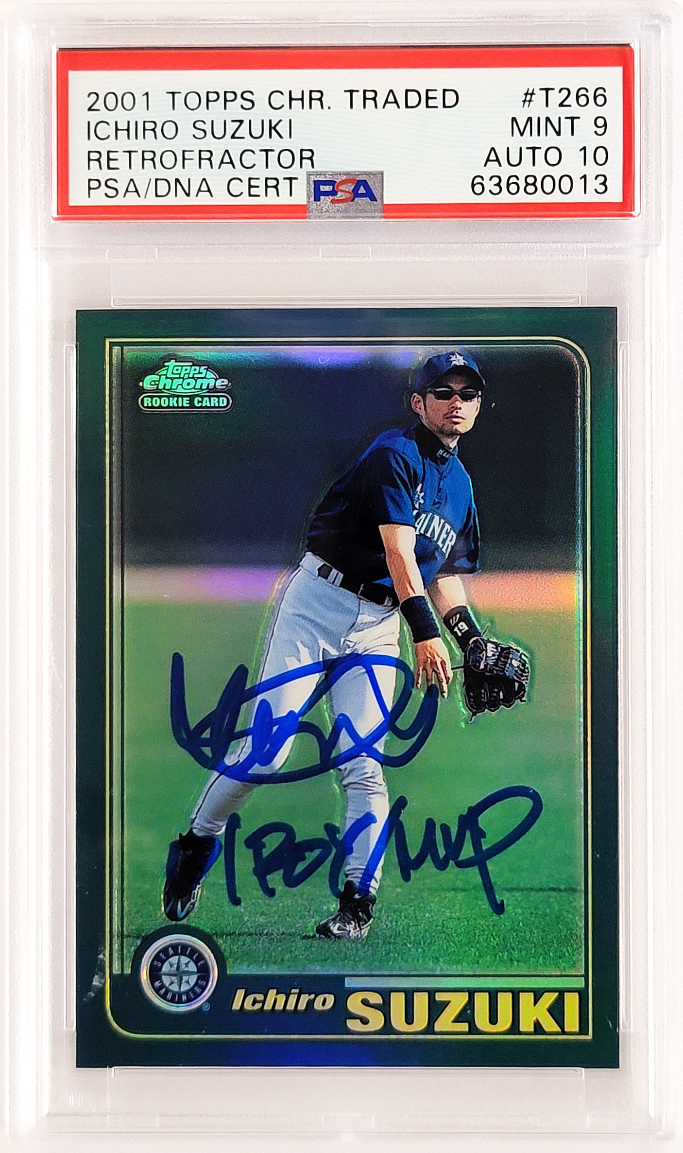 Ichiro Suzuki Autographed 2001 Topps Chrome Traded Retrofractor Rookie Card #T266 Seattle Mariners PSA 9 Auto Grade Gem Mint 10 "01 ROY MVP" PSA/DNA #63680013