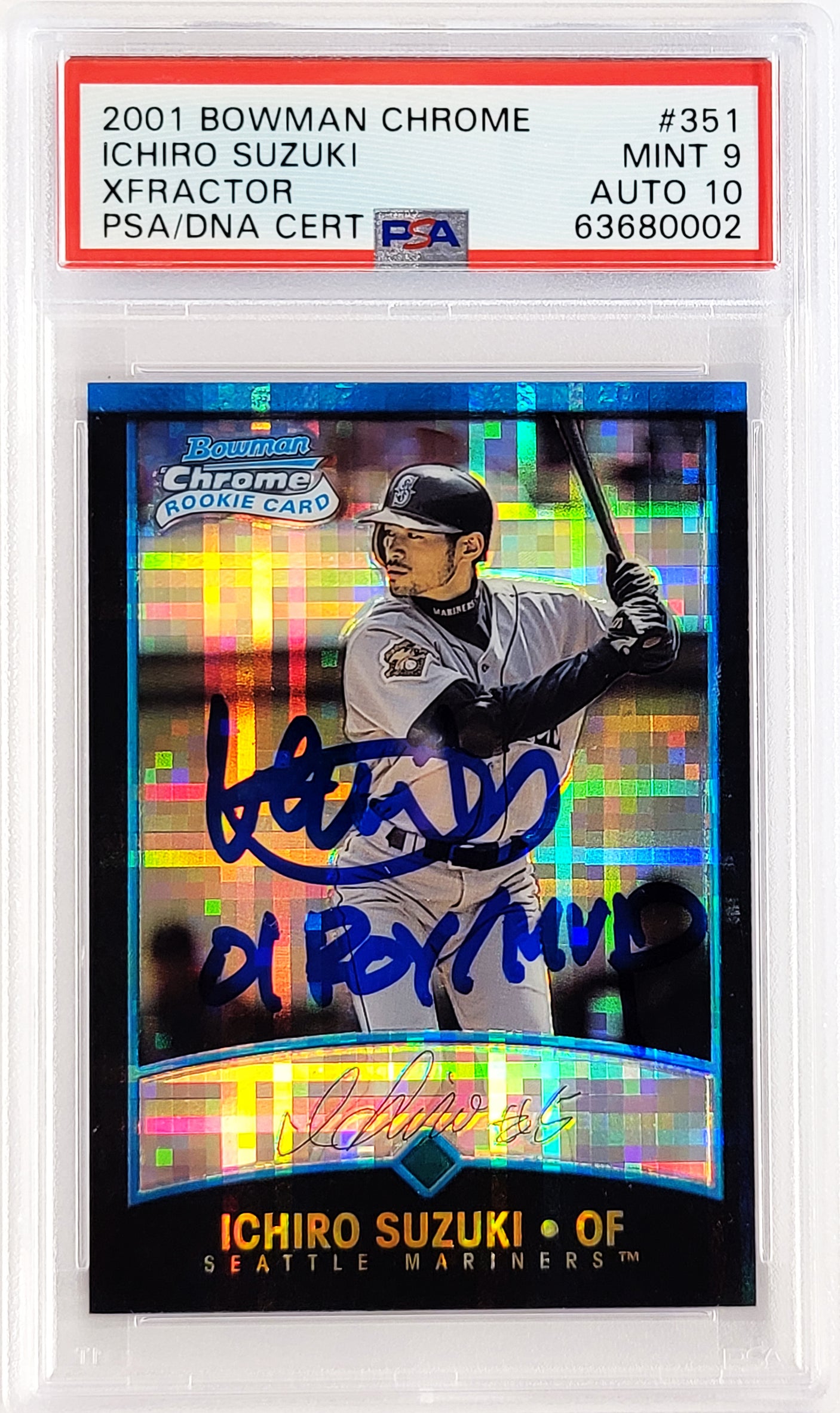 Ichiro Suzuki Autographed 2001 Bowman Chrome XFractor Rookie Card #351 Seattle Mariners PSA 9 Auto Grade Gem Mint 10 "01 ROY MVP" Highest Graded PSA/DNA #63680002