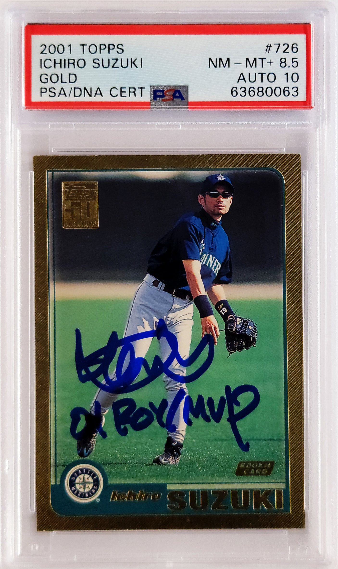 Ichiro Suzuki Autographed 2001 Topps Gold Rookie Card #726 Seattle Mariners PSA 8.5 Auto Grade Gem Mint 10 "01 ROY MVP" PSA/DNA #63680063