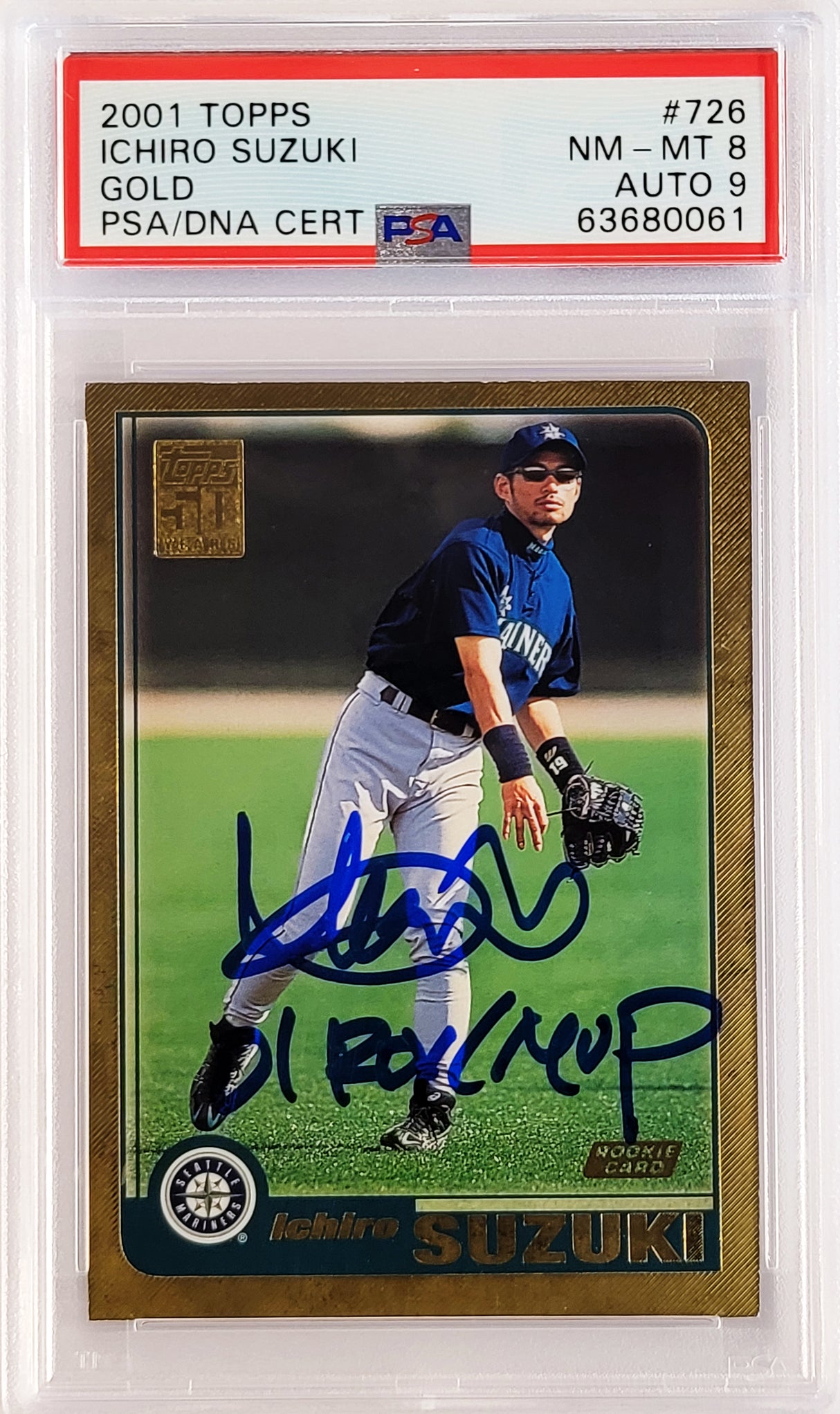 Ichiro Suzuki Autographed 2001 Topps Gold Rookie Card #726 Seattle Mariners PSA 8 Auto Grade Mint 9 "01 ROY MVP" PSA/DNA #63680061