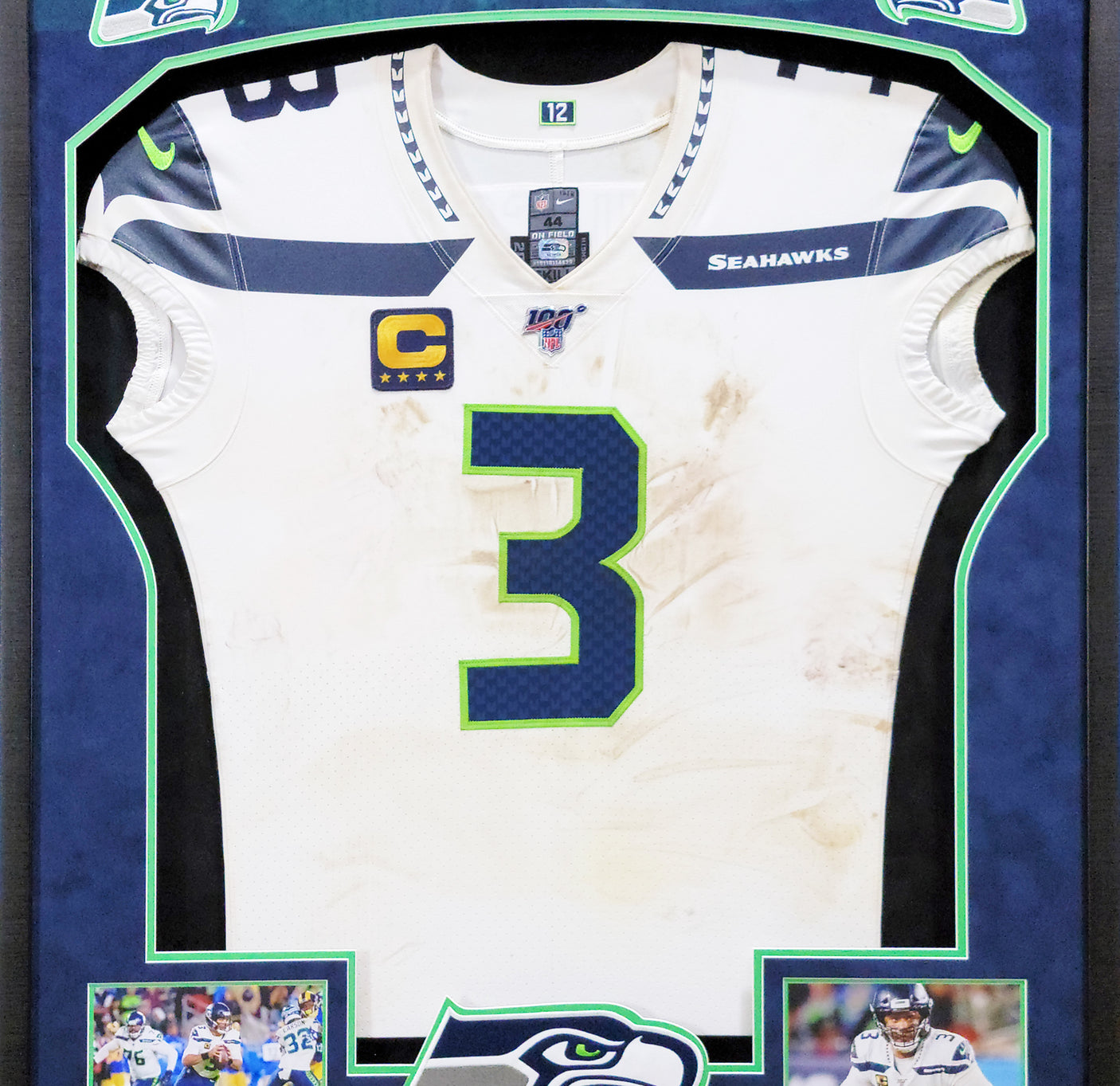 Russell Wilson Framed Game Used Seattle Seahawks White Nike Jersey With Captain's Patch & NFL 100 Logo Unsigned SKU #203517