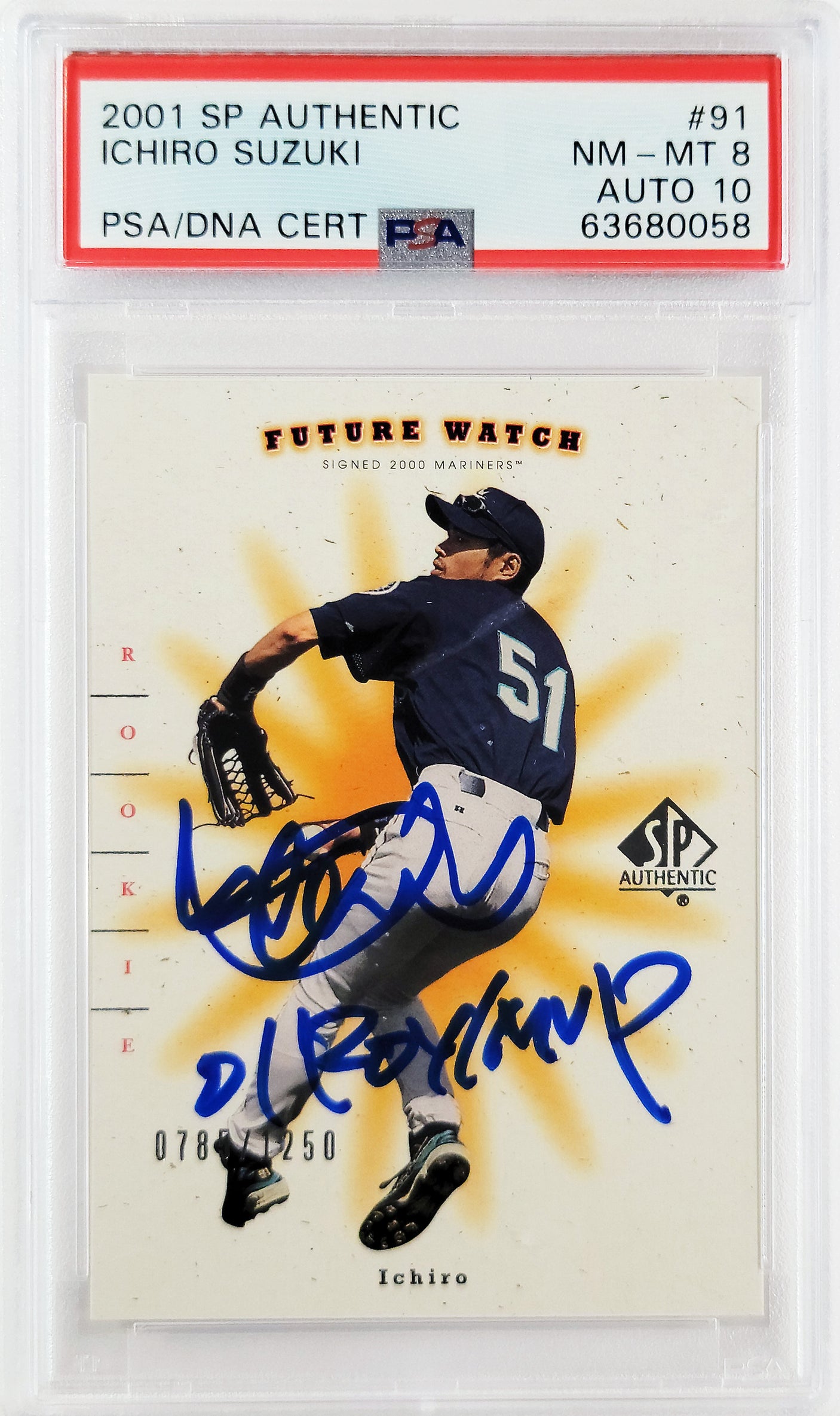 Ichiro Suzuki Autographed 2001 SP Authentic Rookie Card #91 Seattle Mariners PSA 8 Auto Grade Gem Mint 10 "01 ROY/MVP" #785/1250 PSA/DNA #63680058