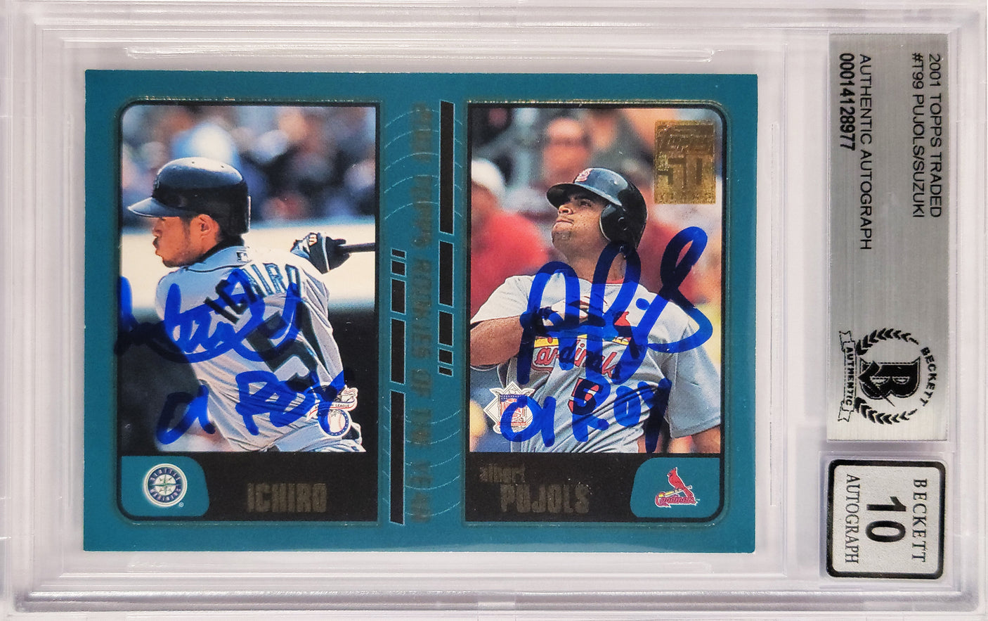Albert Pujols & Ichiro Suzuki Autographed 2001 Topps Traded Rookie Card #T99 Auto Grade Gem Mint 10 "01 ROY" Beckett BAS #14128977
