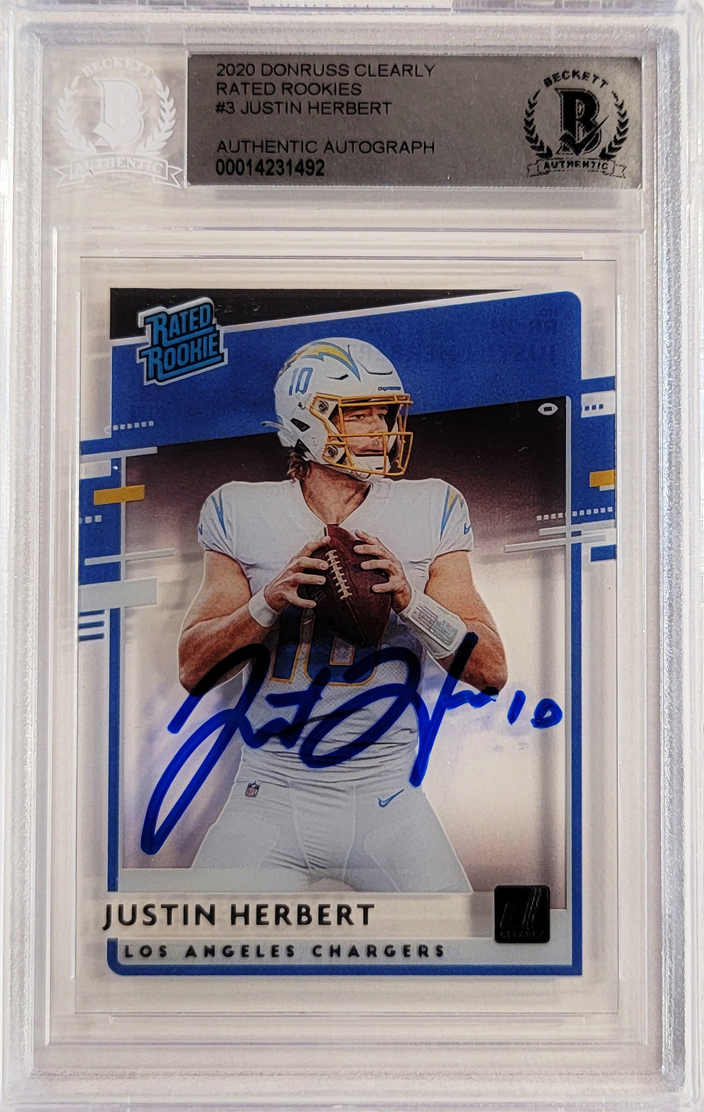 Justin Herbert Autographed 2020 Donruss Clearly Rated Rookie Card #RR-JH Los Angeles Chargers Beckett BAS #14231492