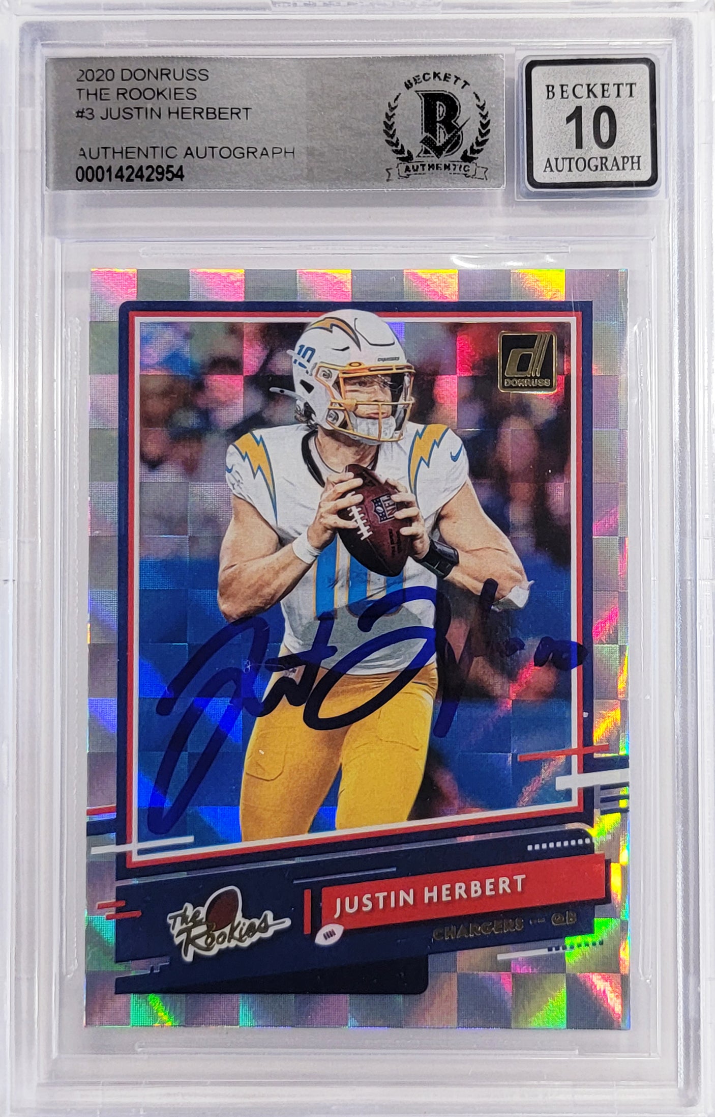Justin Herbert Autographed 2020 Donruss Optic The Rookies Checkerboard Rookie Card #TR-JH Los Angeles Chargers Auto Grade Gem Mint 10 Beckett BAS Stock #206673