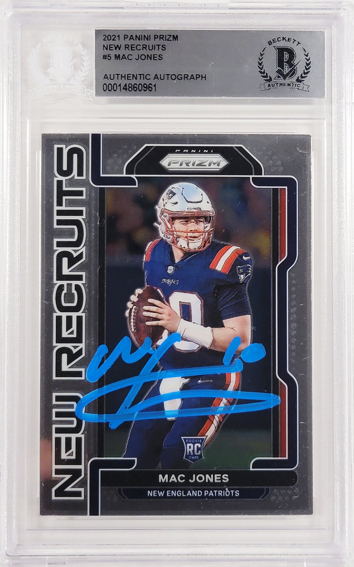 Mac Jones Autographed 2021 Panini Prizm New Recruits Rookie Card #NR-5 New England Patriots Beckett BAS #14860961