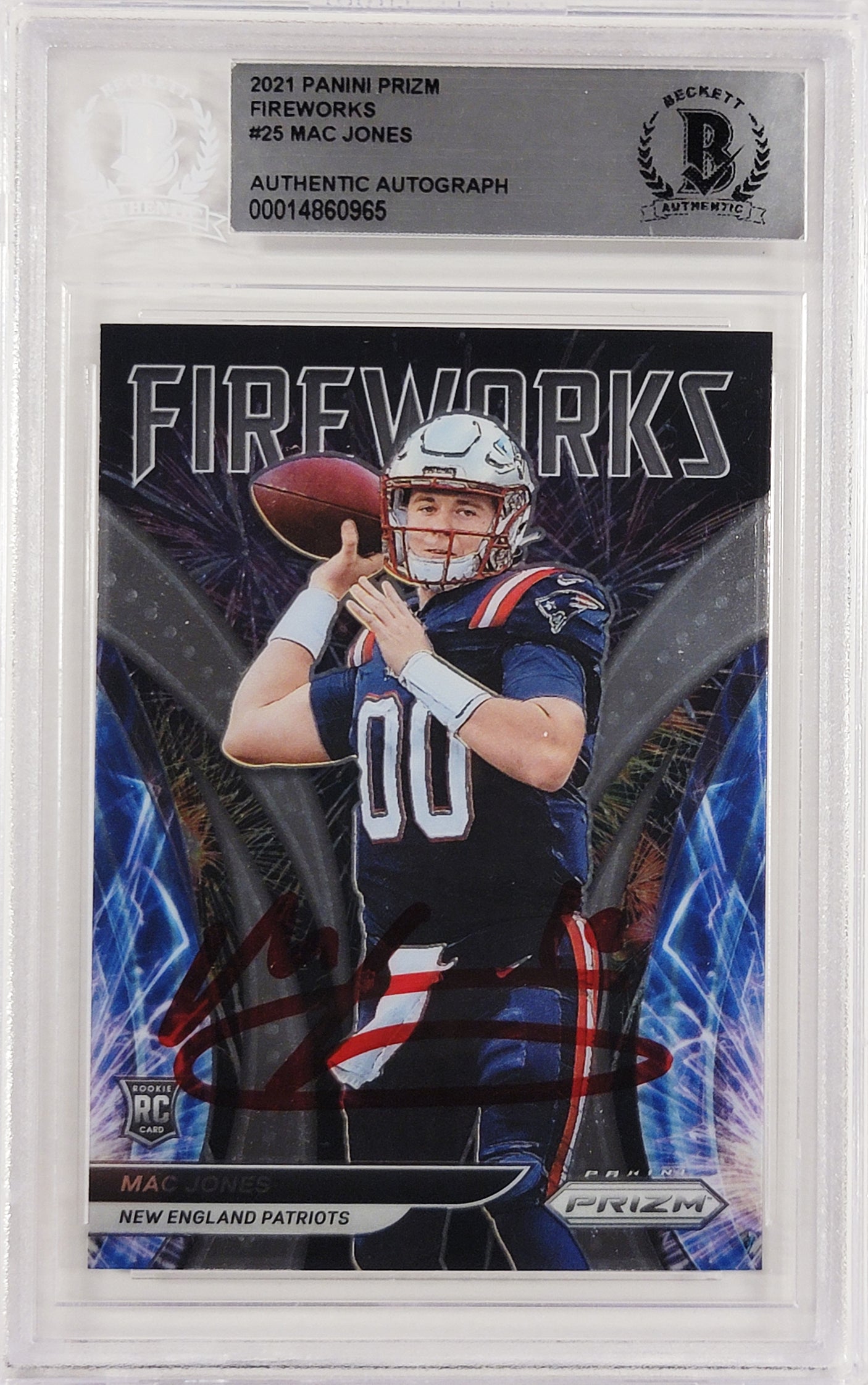 Mac Jones Autographed 2021 Panini Prizm Fireworks Rookie Card #F-25 New England Patriots Beckett BAS #14860965