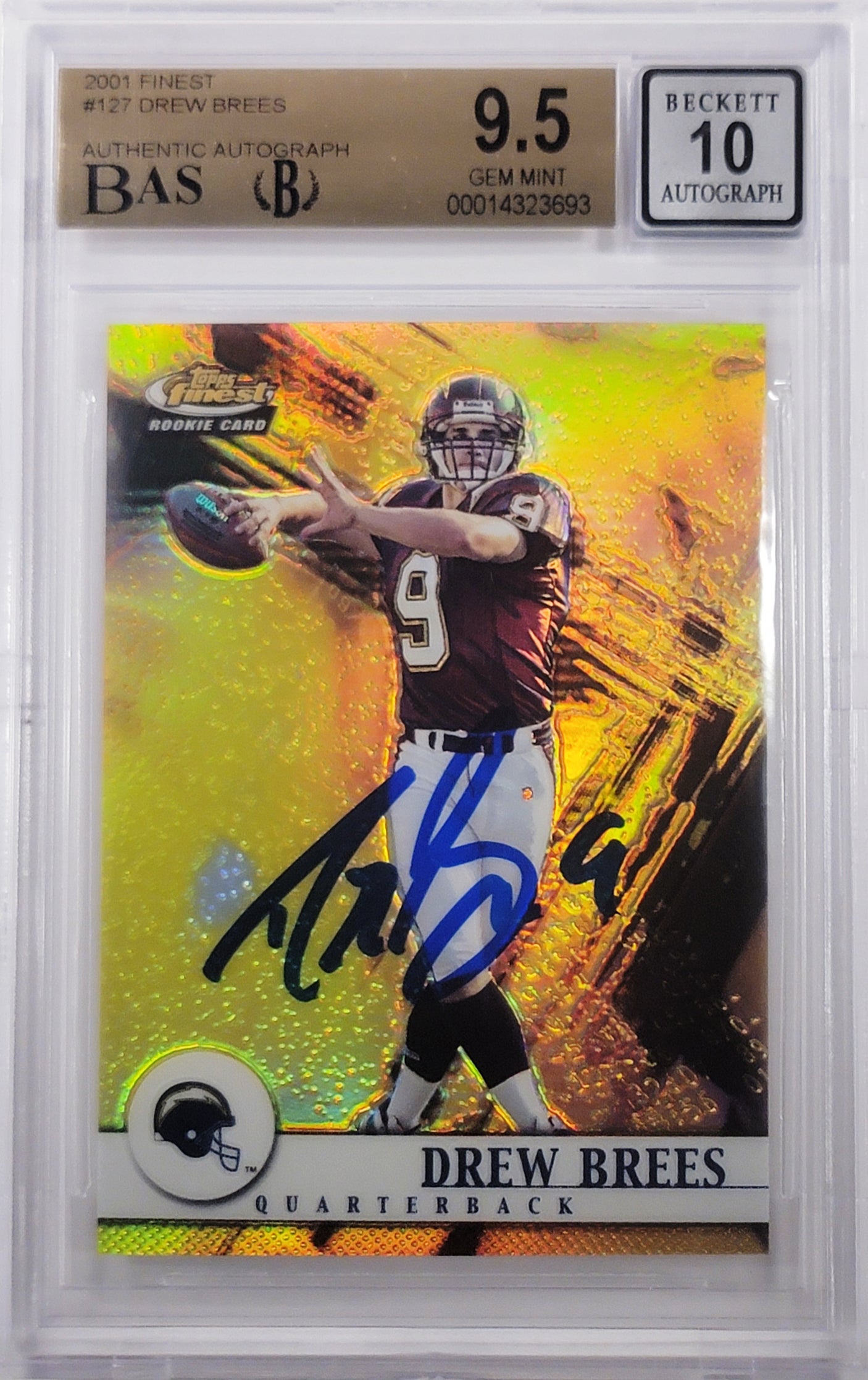 Drew Brees Autographed 2001 Topps Finest Rookie Card #127 San Diego Chargers BGS 9.5 Auto Grade Gem Mint 10 Highest Graded Beckett BAS #14323693
