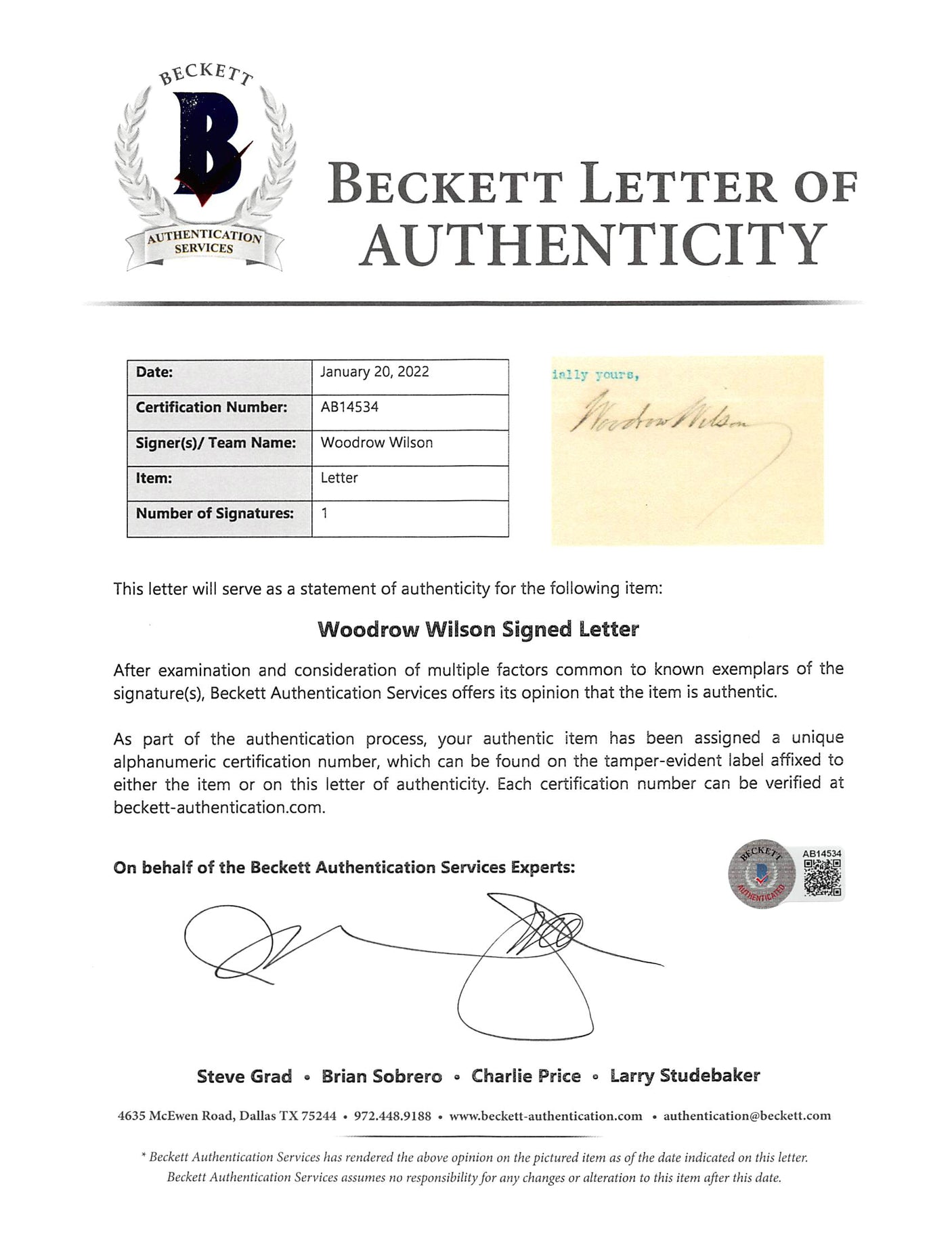 Woodrow Wilson Authentic Signed 7x8.8 Letter Dated April 21, 1913 BAS #AB14534