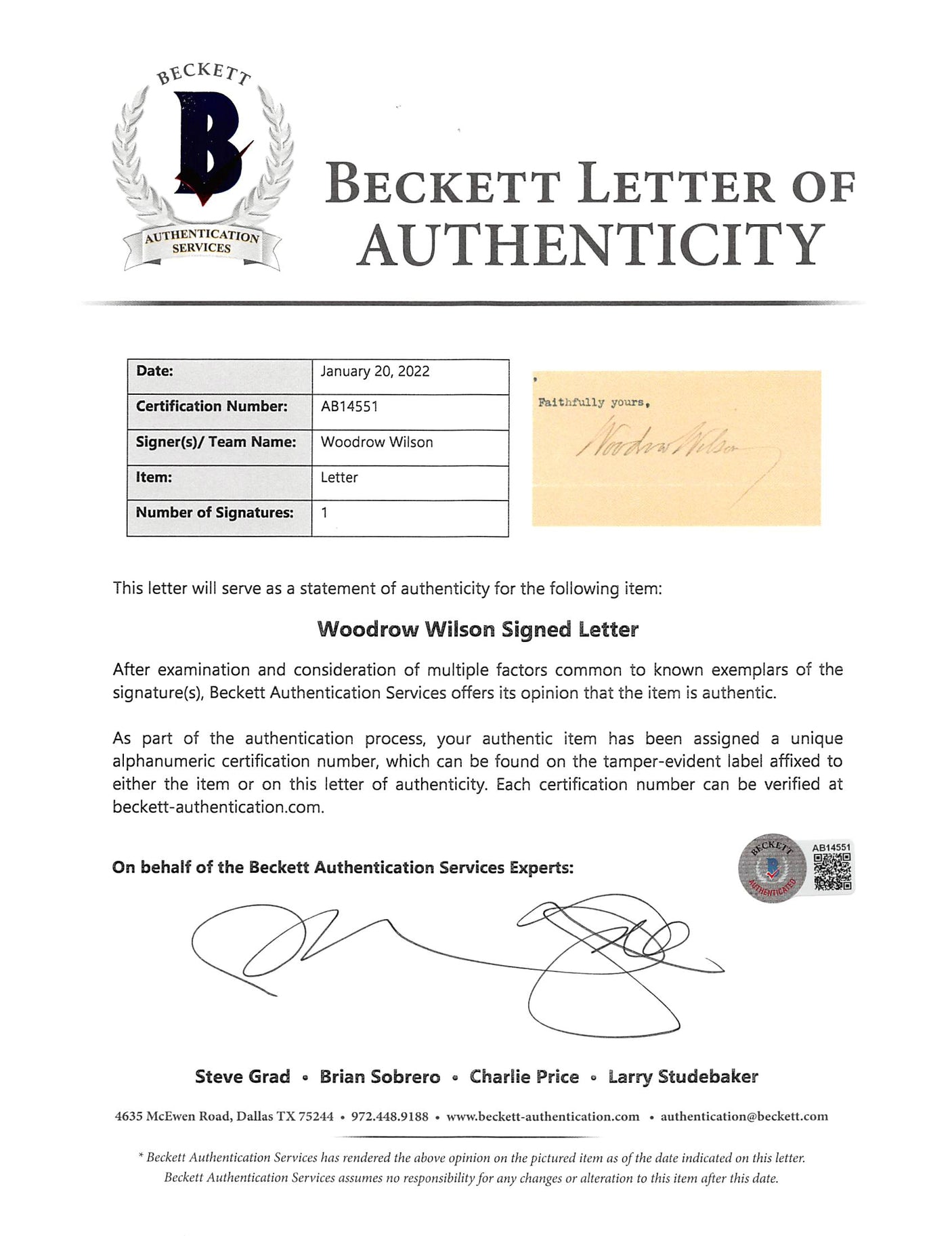 Woodrow Wilson Authentic Signed 8x10 Letter August 10, 1912 BAS #AB14551