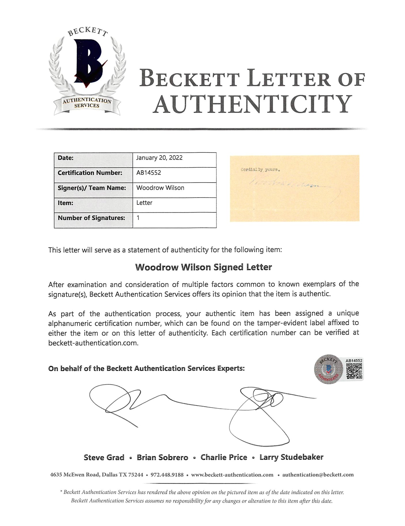 Woodrow Wilson Authentic Signed 8x10 Letter Dated July 25, 1912 BAS #AB14552