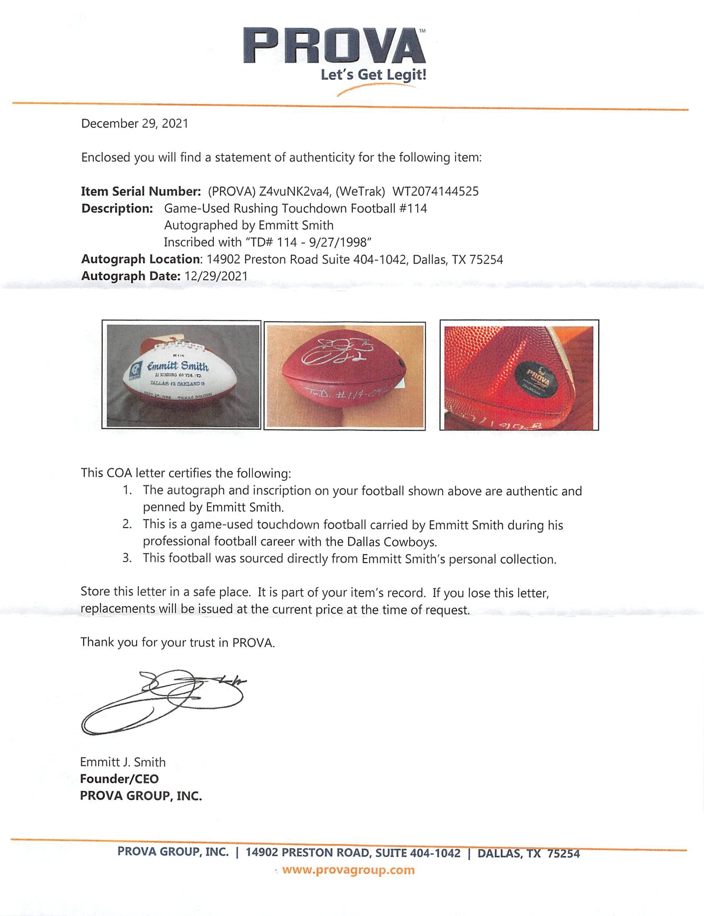 Cowboys Emmitt Smith "TD #114 - 09/27/1998" Signed GU Football BAS & Prova LOA