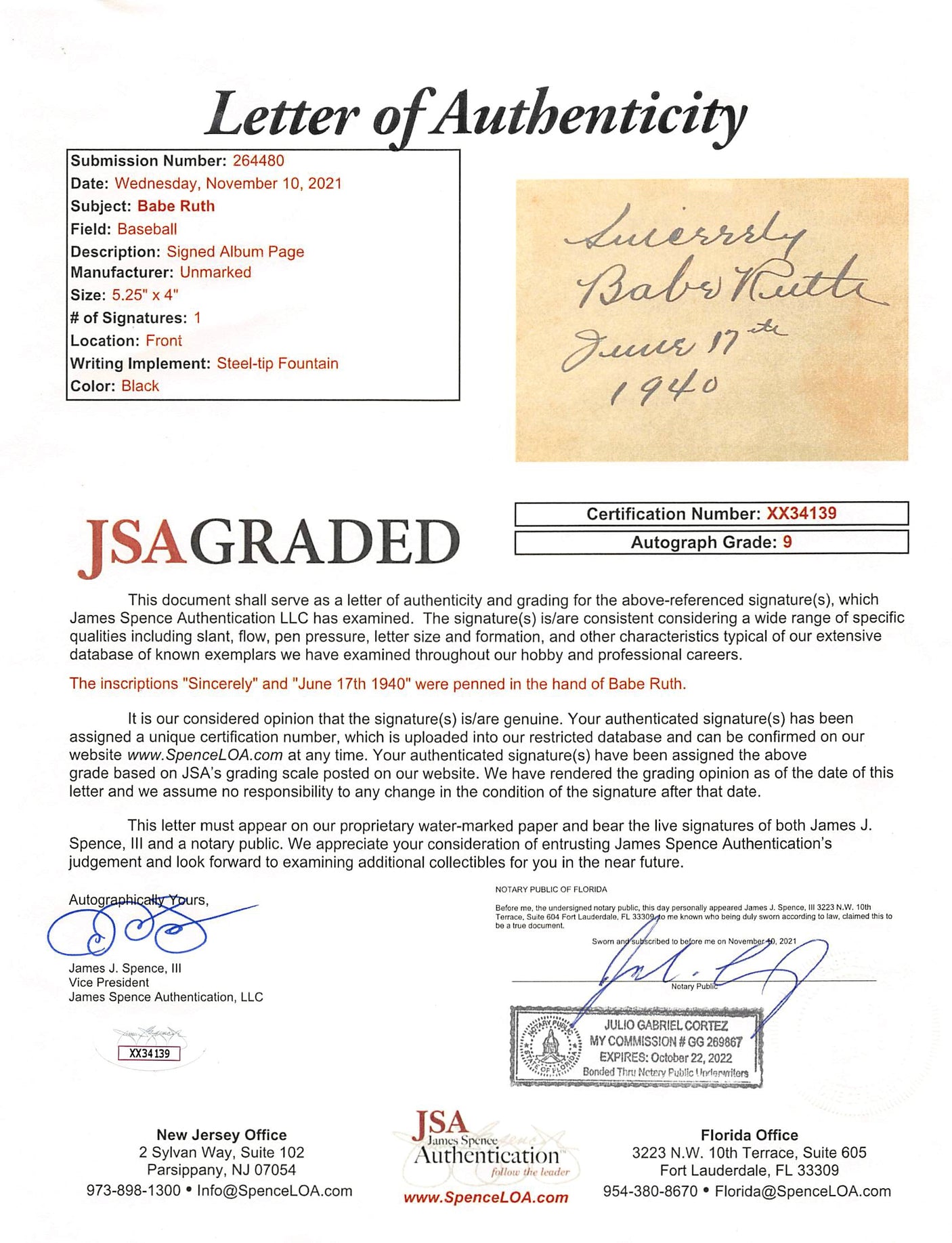 Yankees Babe Ruth "Sincerely" Signed & Framed 3x4.25 Cut Sig Auto 9! PSA & JSA