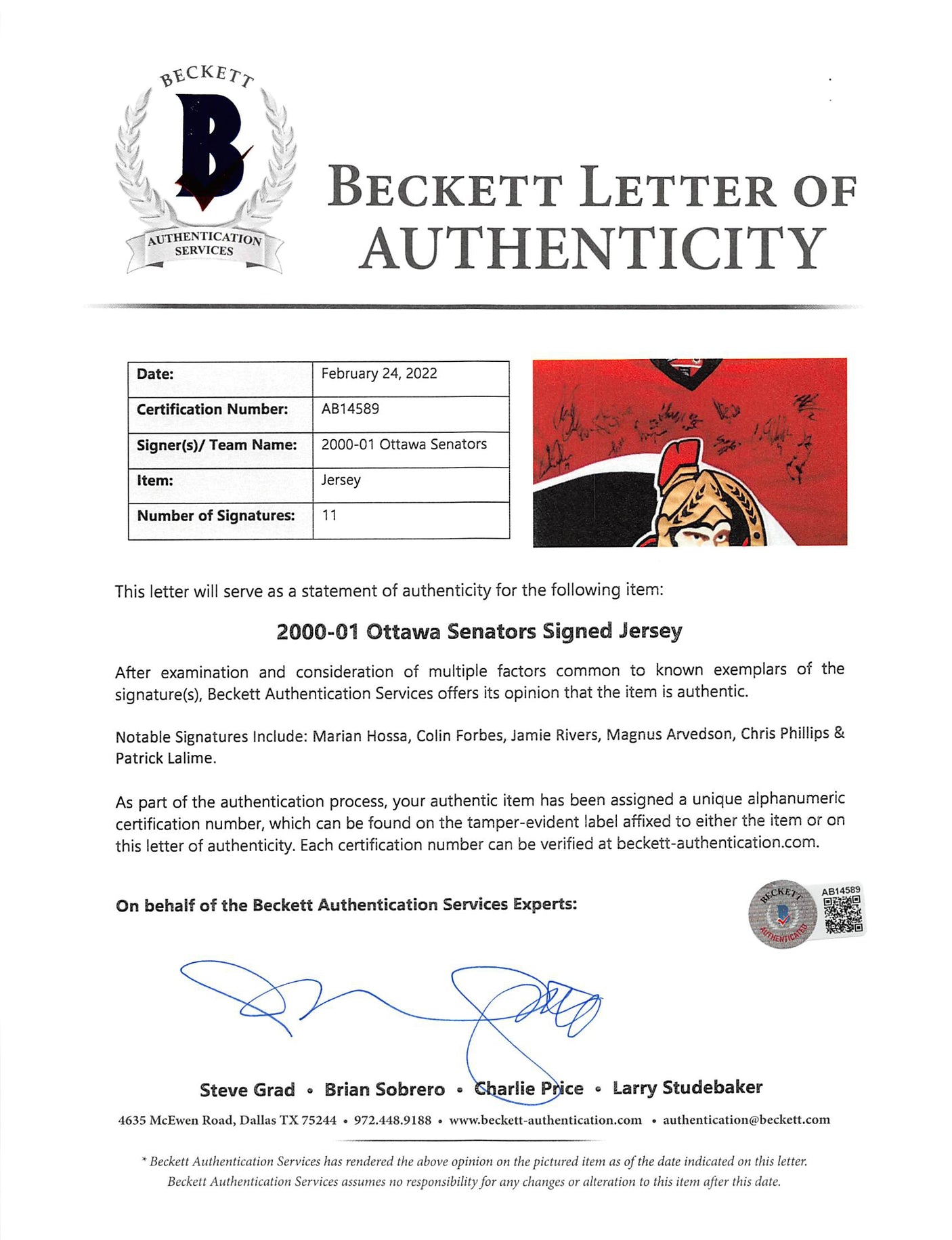 2000-01 Senators (11) Hossa, Forbes +9 Signed Red Pro Player Jersey BAS #AB14589