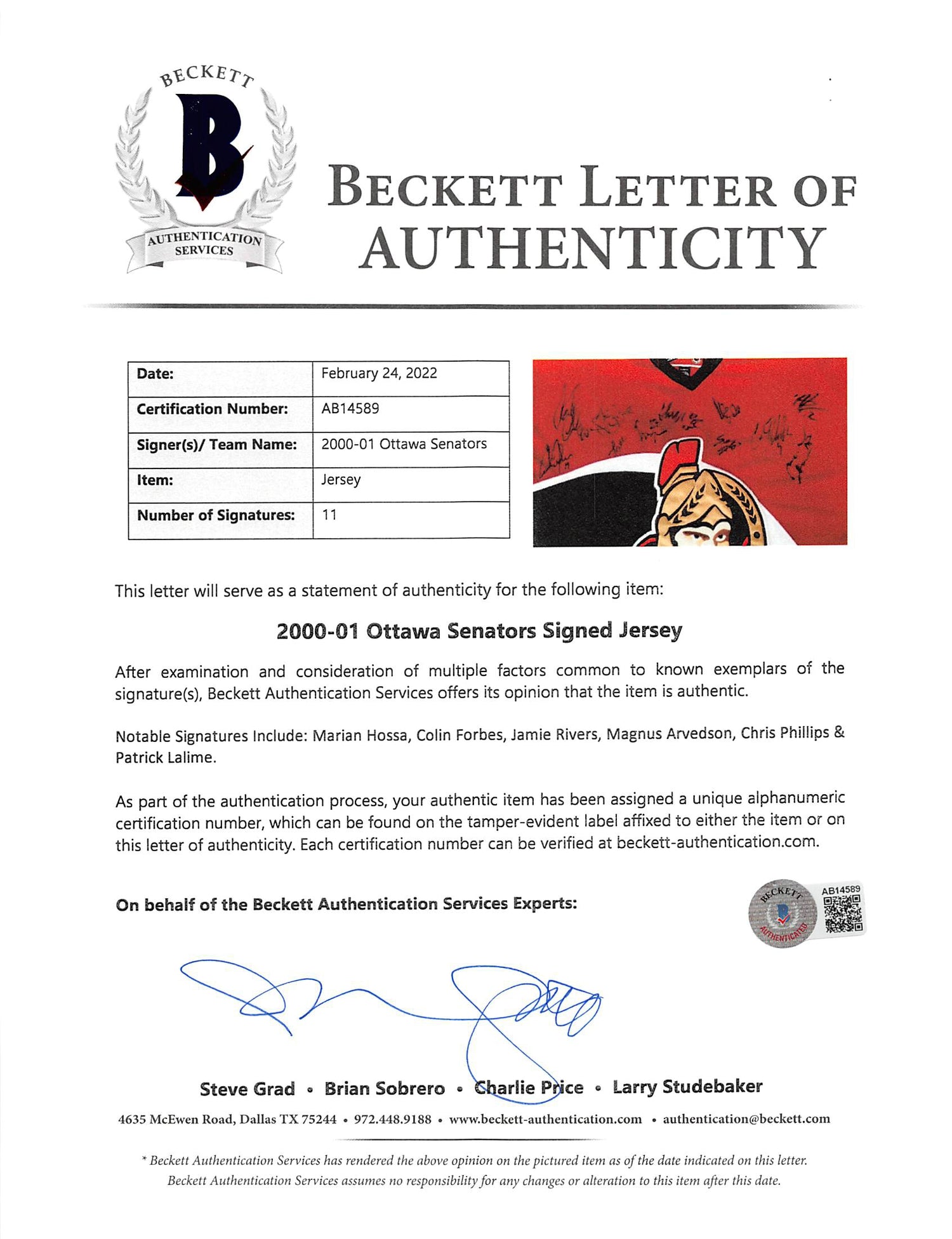 2000-01 Senators (11) Hossa, Forbes +9 Signed Red Pro Player Jersey BAS #AB14589