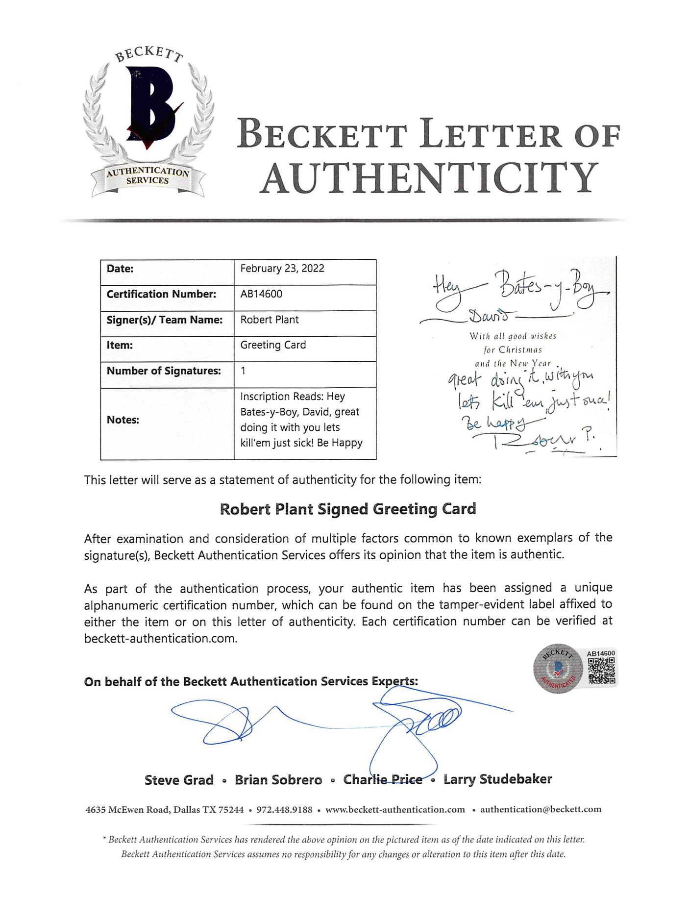 Robert Plant Led Zeppelin Signed 4x8.15 Christmas Greeting Card BAS #AB14600