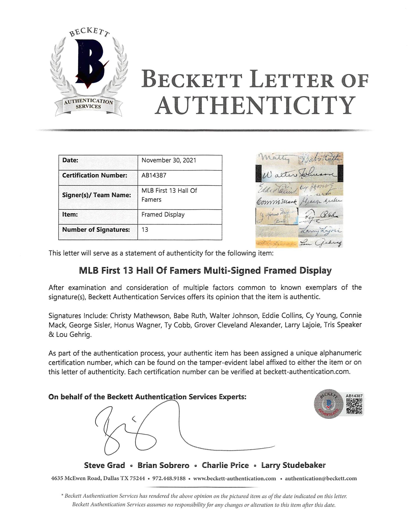 1st MLB HOF Class (13) Ruth, Gehrig, Johnson, Cobb +9 Signed Framed Display BAS