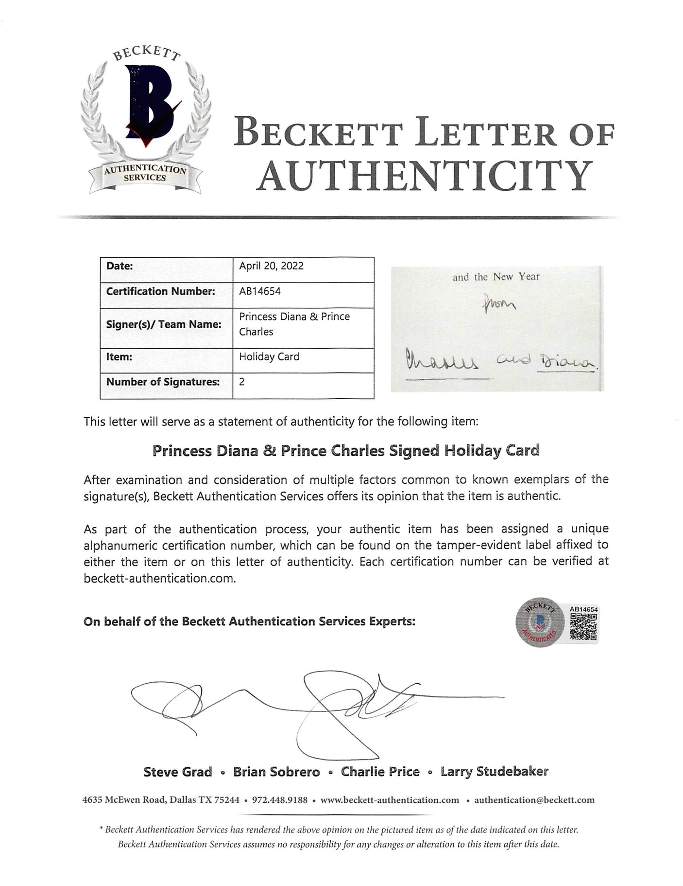 Princess Diana & Prince Charles Signed 1981 7.25x10.5 Christmas Card BAS