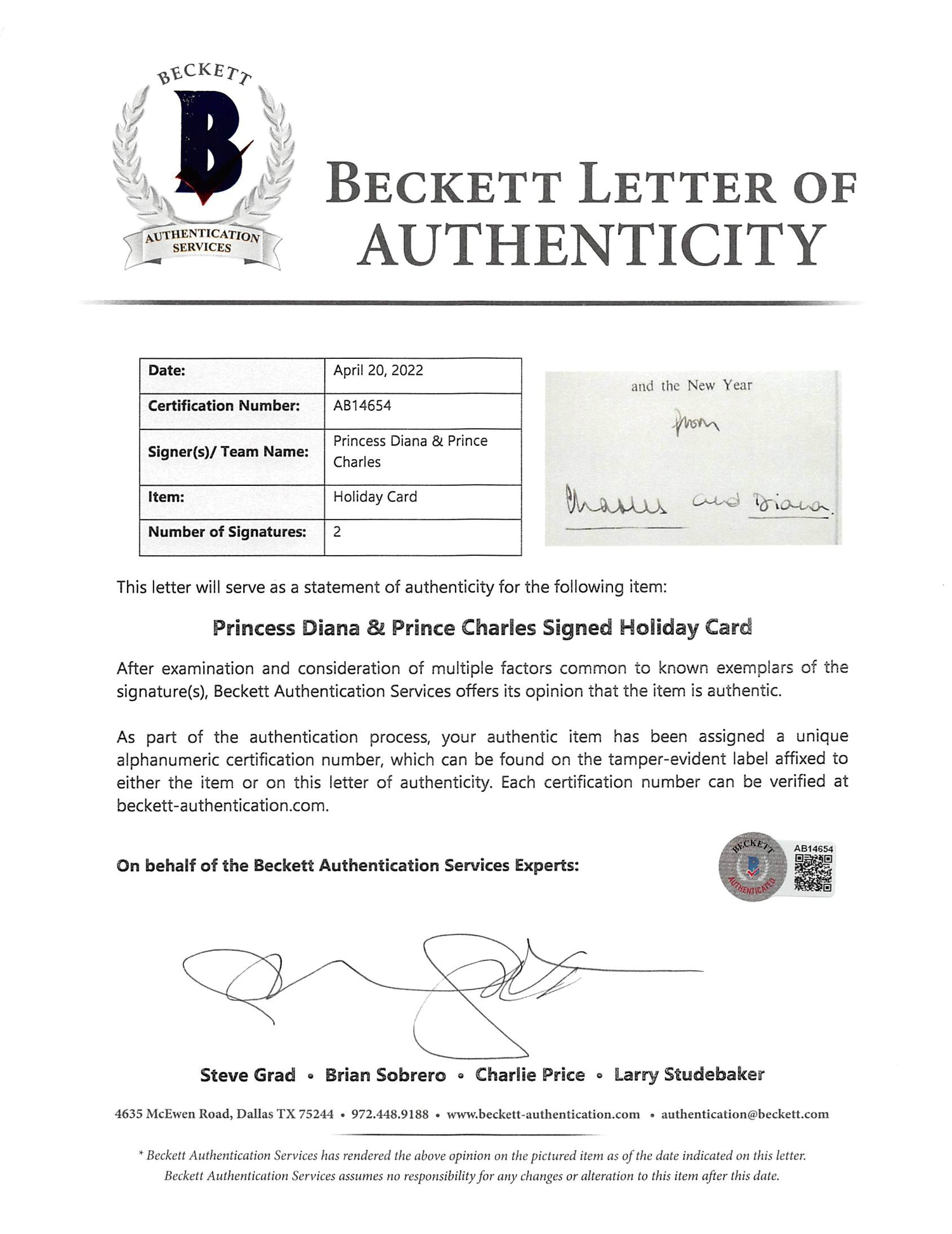 Princess Diana & Prince Charles Signed 1981 7.25x10.5 Christmas Card BAS