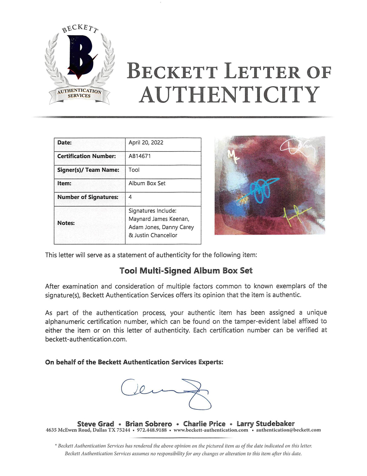 Tool (4) Keenan, Jones, Carey & Chancellor Signed Fear Inoculum Set BAS #AB14671