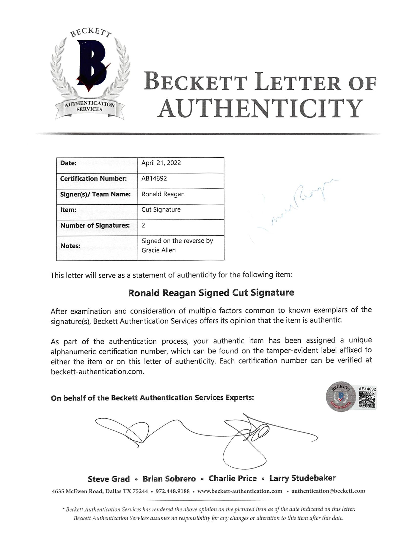 Ronald Reagan Authentic Signed Framed Display Autographed BAS #AB14692