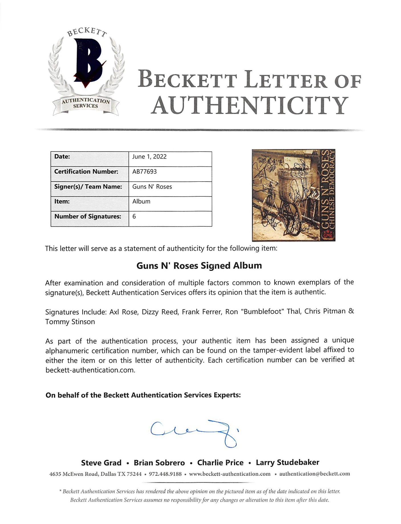 Guns N' Roses (6) Axl Rose +5 Signed Chinese Democracy Album Cover BAS #AB77693