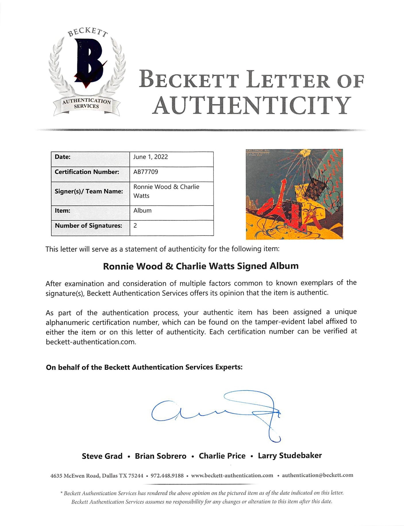 Ronnie Wood & Charlie Watts Rolling Stones Signed Album Cover BAS #AB77709