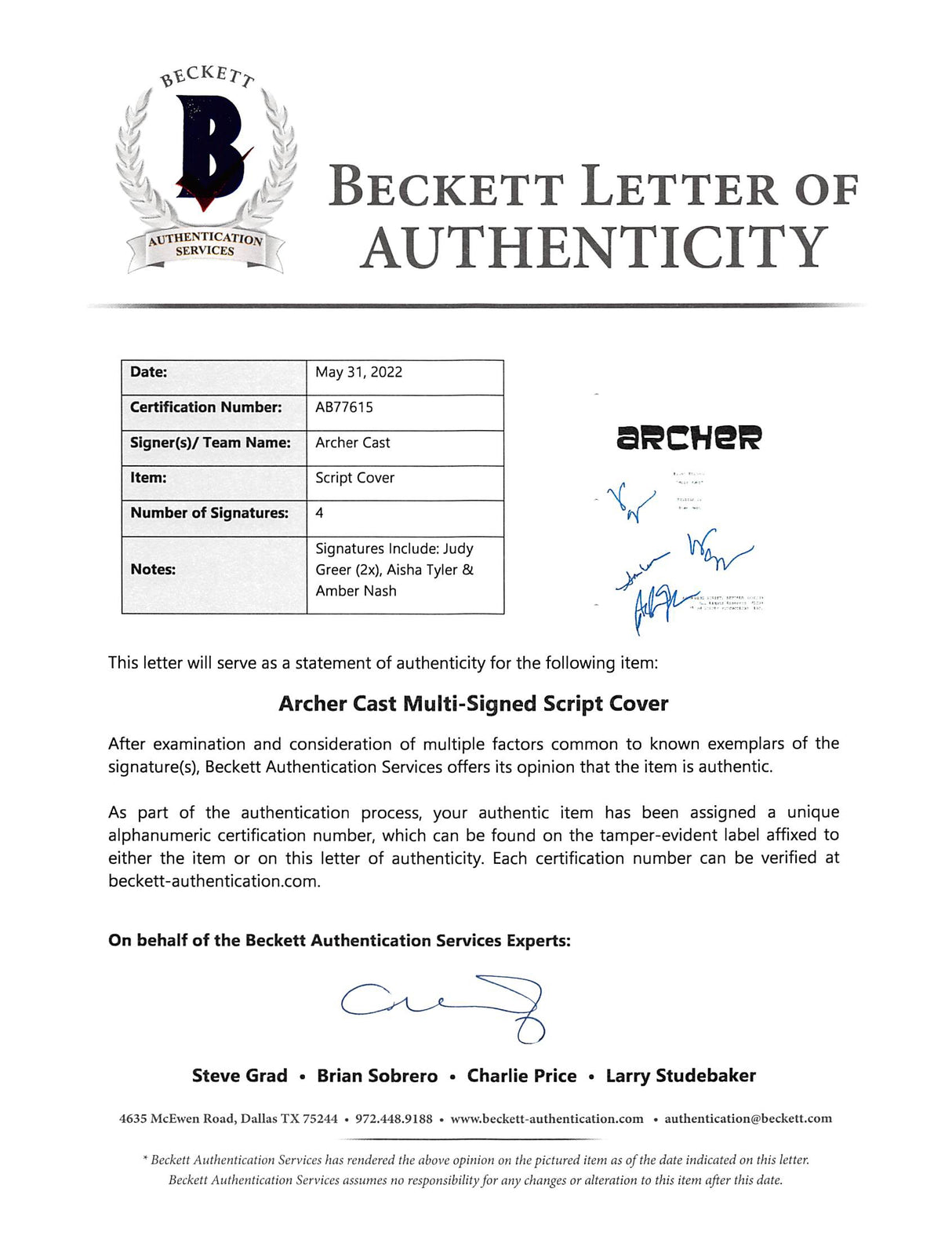 Archer (3) Tyler, Nash & Greer Authentic Signed 8.5x11 Script Cover BAS #AB77615