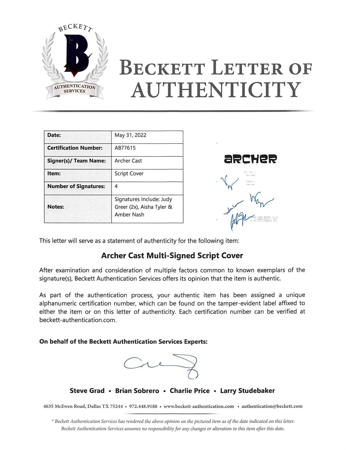 Archer (3) Tyler, Nash & Greer Authentic Signed 8.5x11 Script Cover BAS #AB77615