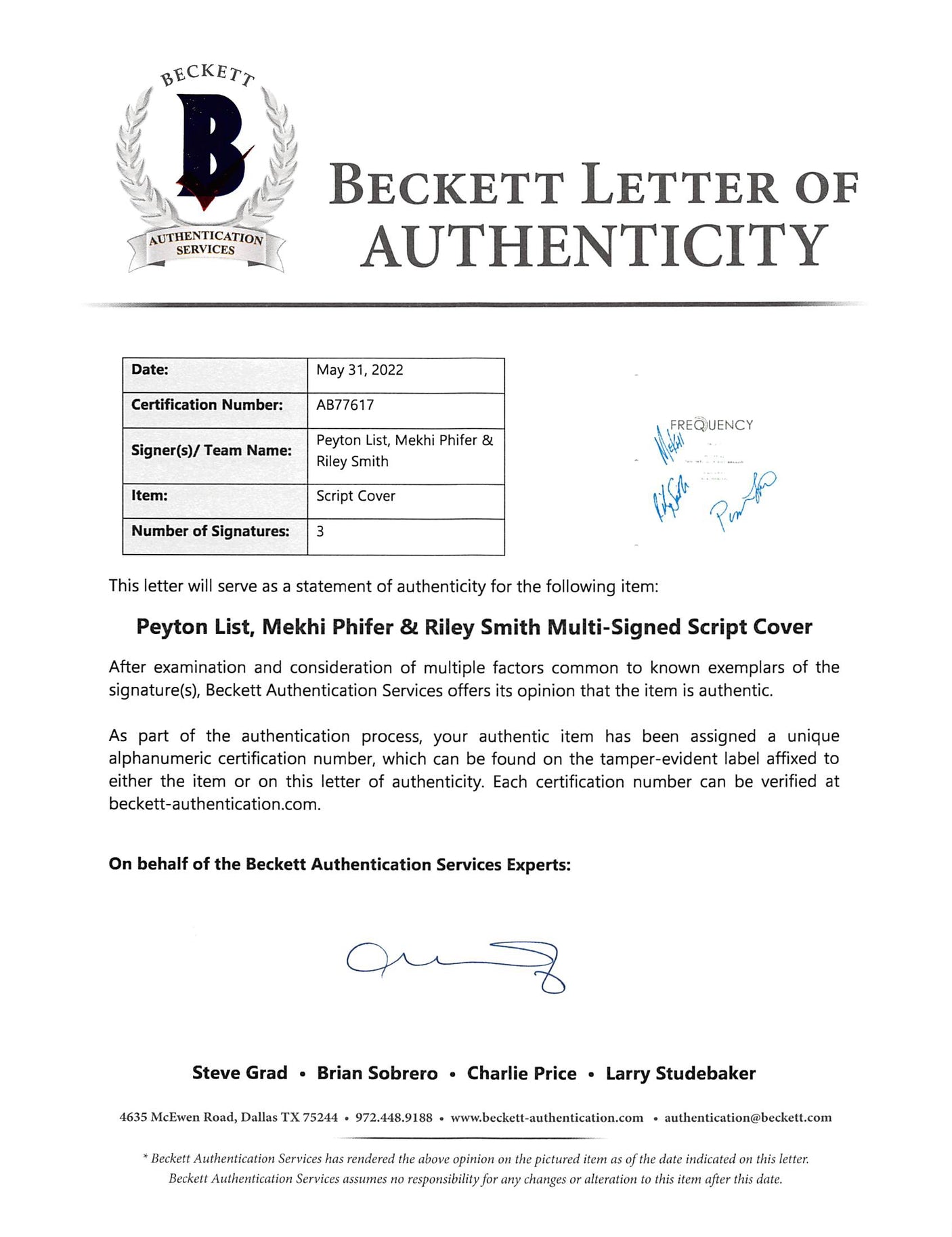 Frequency (3) List, Phifer, Smith Authentic Signed Script Cover BAS #AB77617