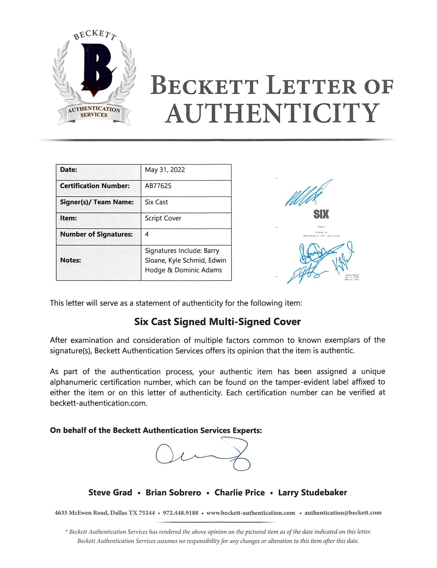 Six (4) Sloane, Schmid, Hodge & Adams Signed 8.5x11 Script Cover BAS #AB77625