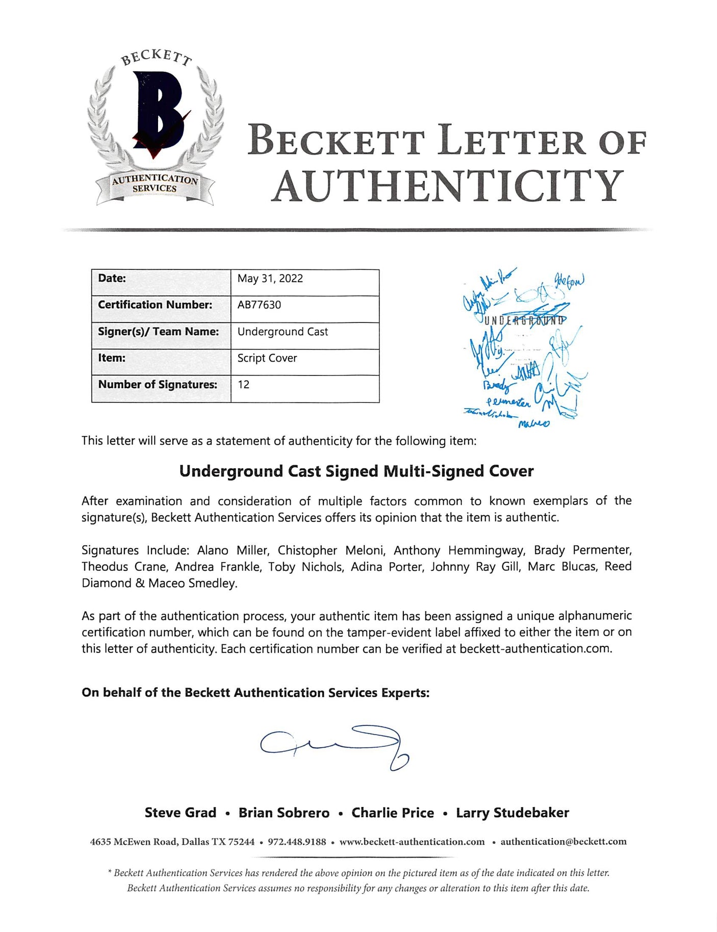 Underground (12) Miller, Meloni +10 Signed 8.5x11 Script Cover BAS #AB77630