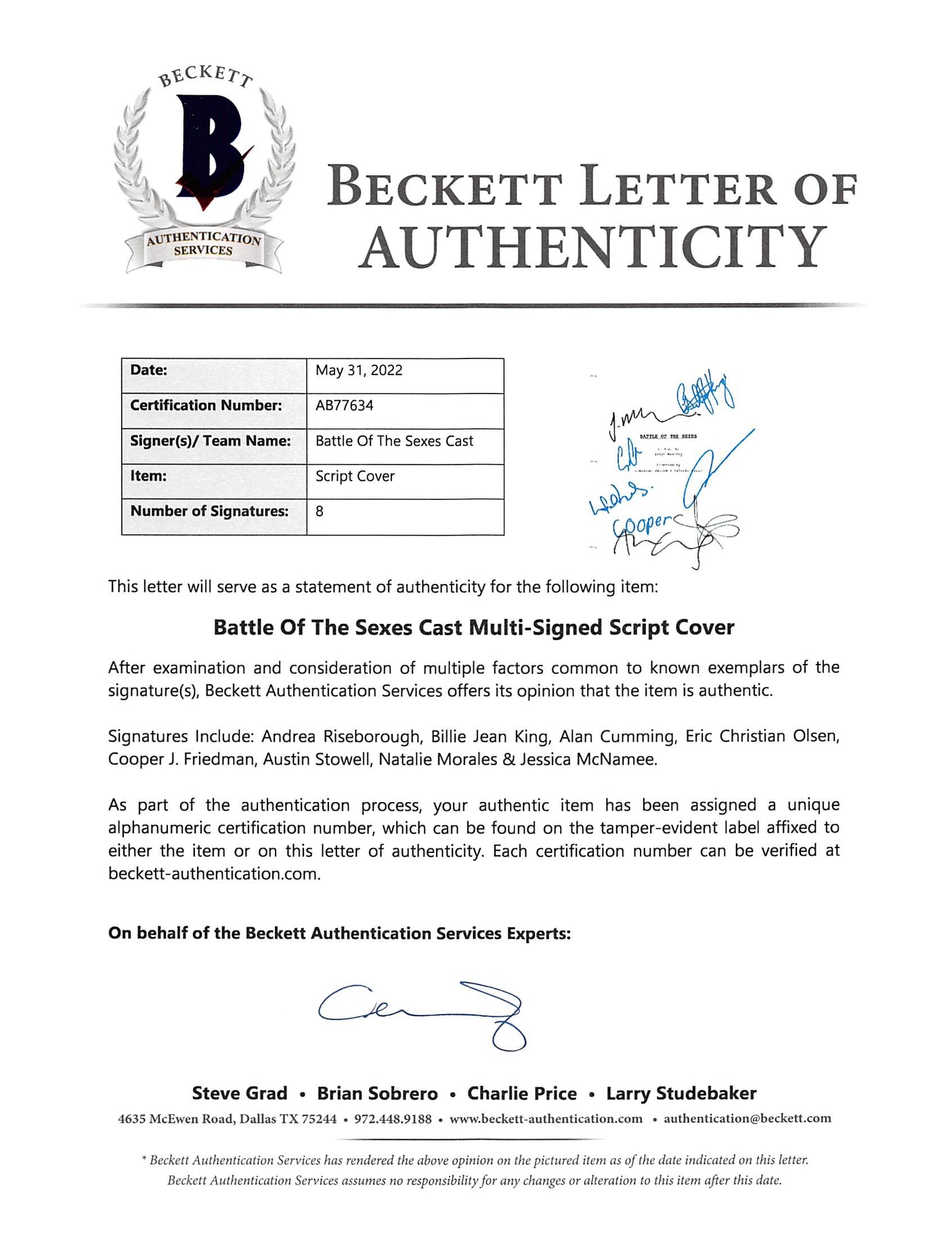 Battle Of The Sexes (8) Riseborough, King +6 Signed Script Cover BAS #AB77634