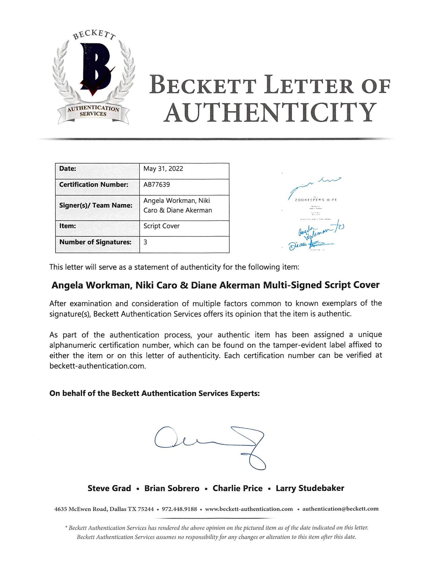 Zookeeper's Wife (3) Workman, Caro & Akerman Signed Script Cover BAS #AB77639