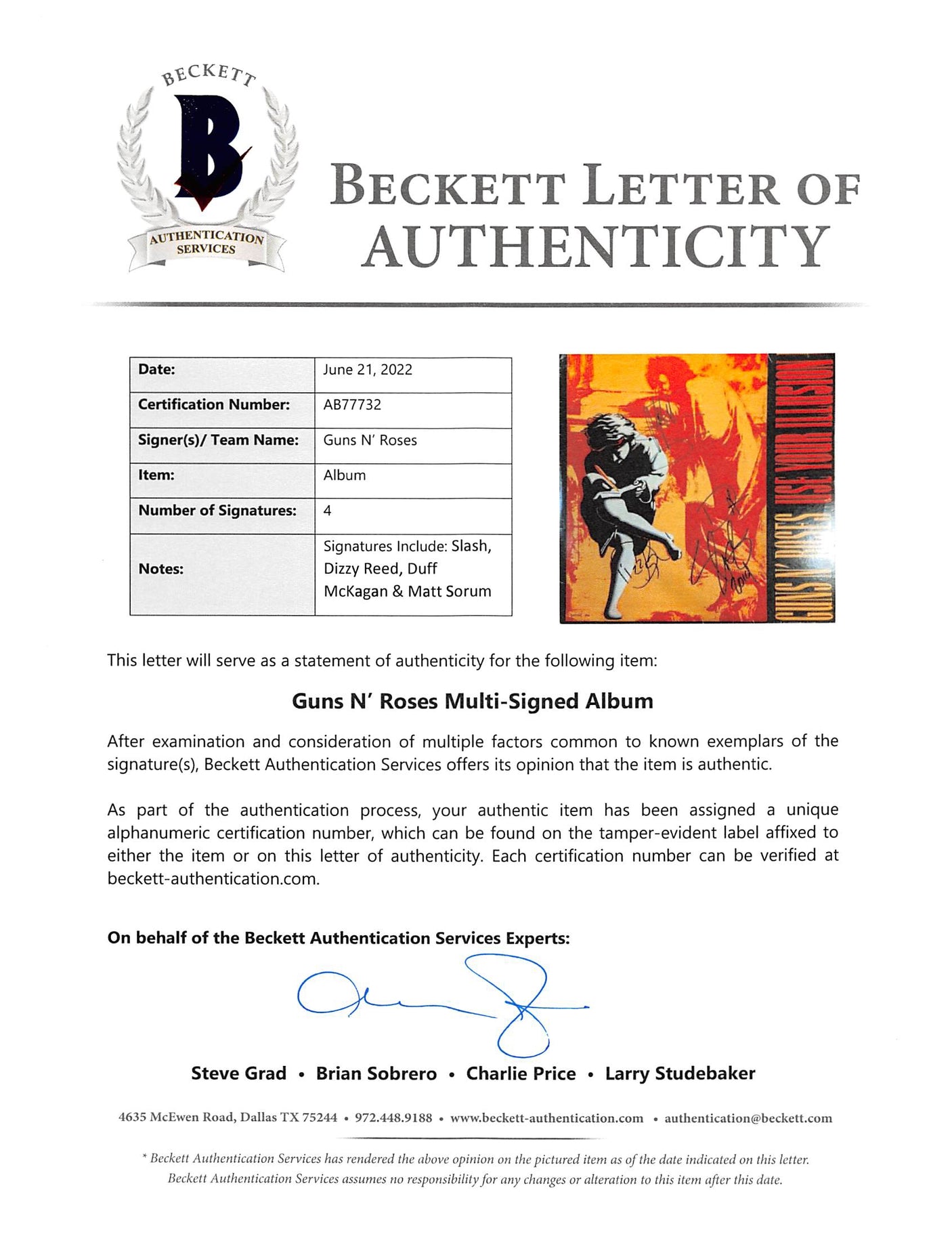 GnR (4) Slash, Reed, McKagan & Sorum Signed Lose Your Illusion I Album Cover BAS