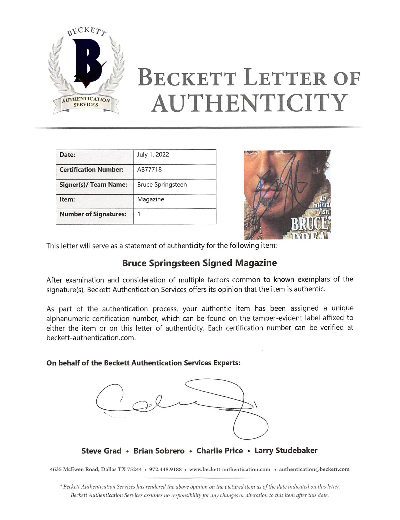 Bruce Springsteen Authentic Signed 2009 Rolling Stone Magazine BAS #AB77718