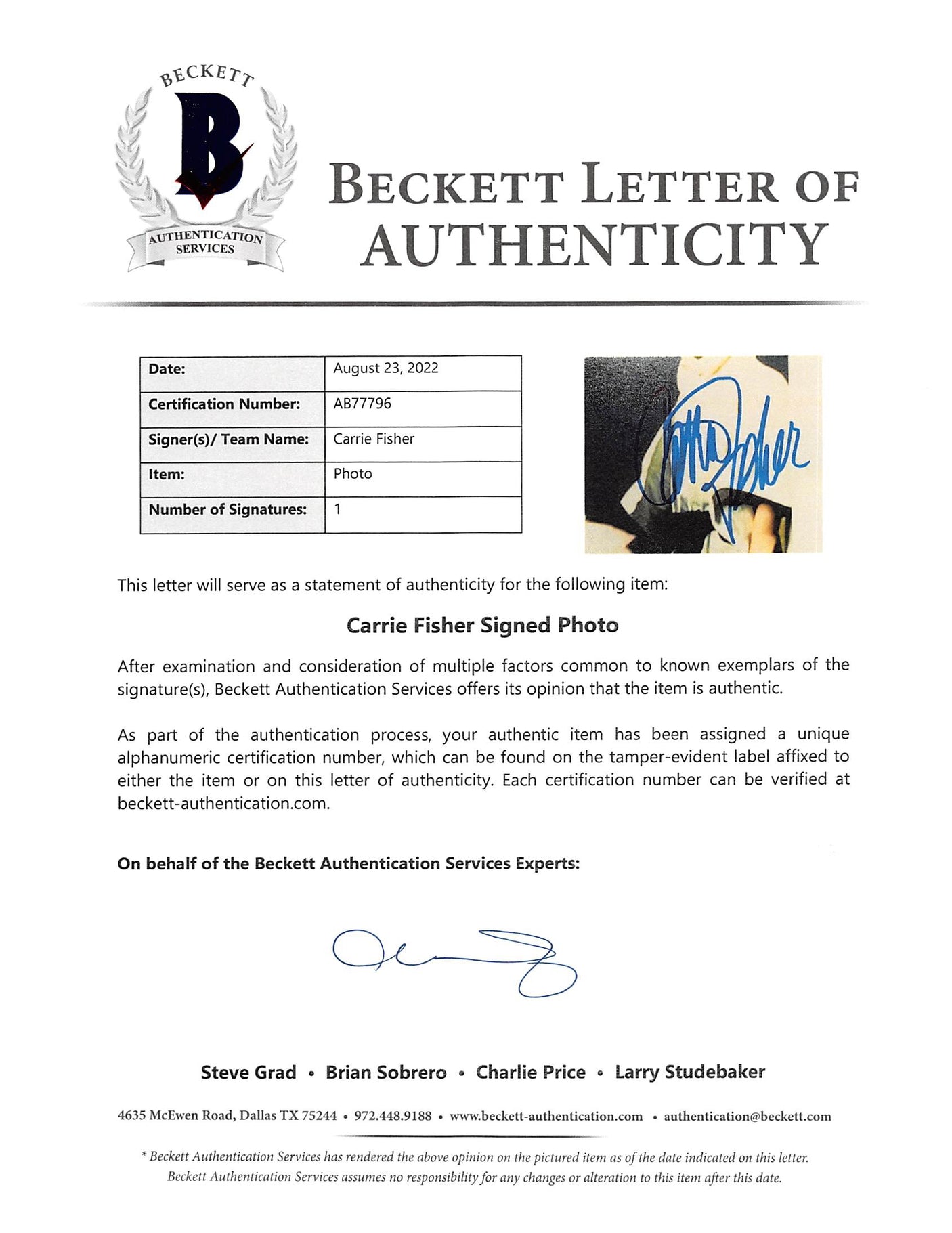 Carrie Fisher Star Wars Return of the Jedi Signed 8x10 Photo BAS #AB77796