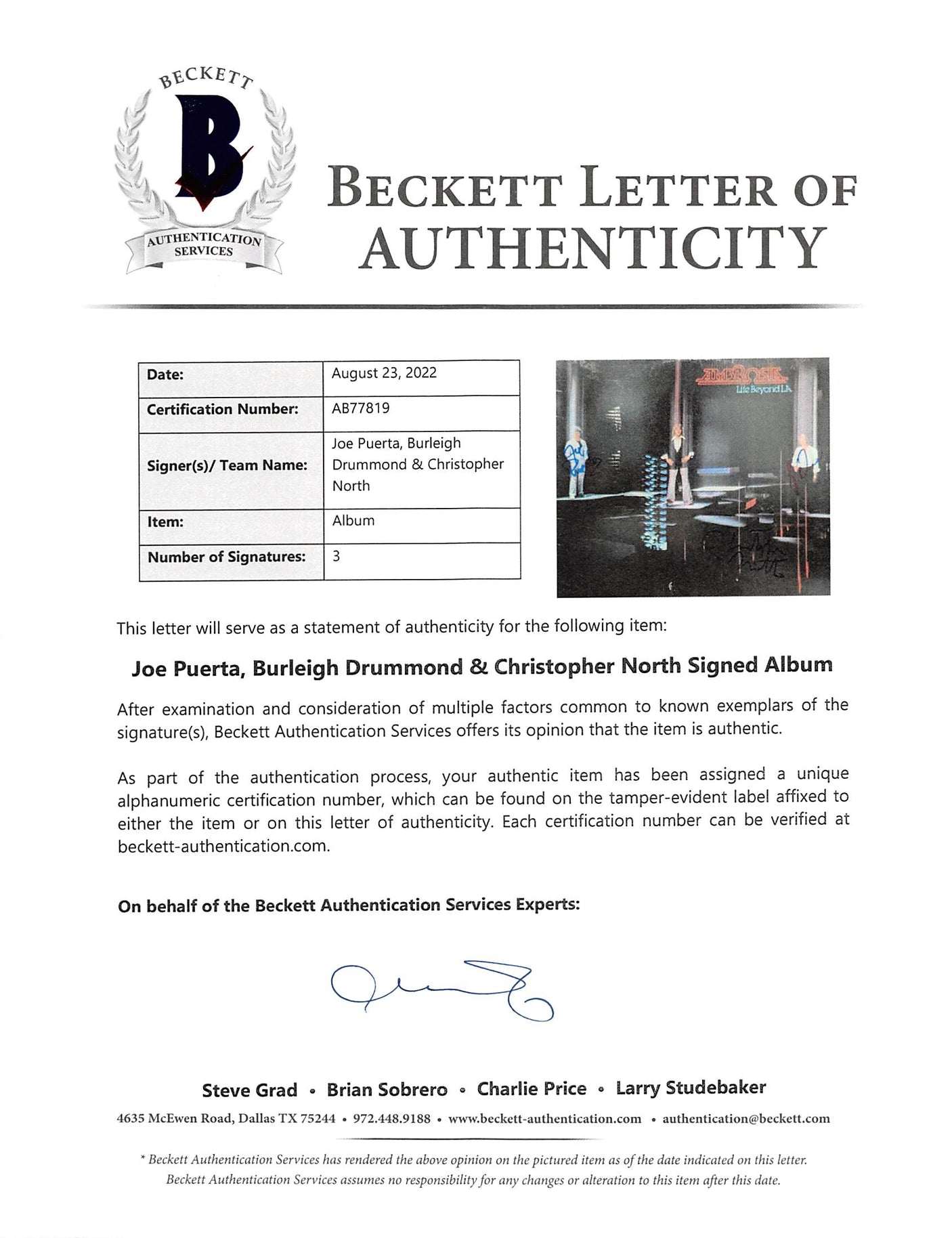 Ambrosia (3) Puerta, Drummond & North Signed Life Beyond L.A. Album Cover BAS