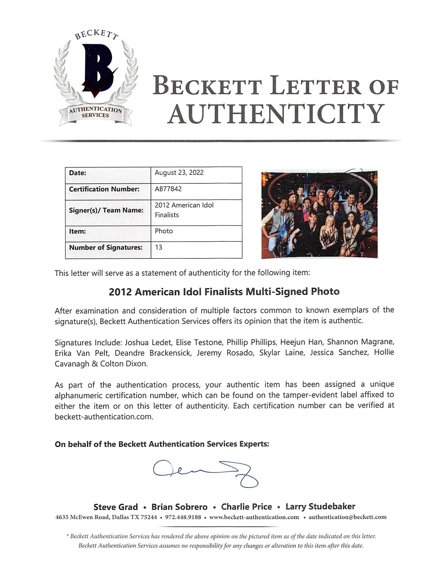 American Idol Finalists (13) Ledet, Phillips Signed 8x10 Photo BAS #AB77842