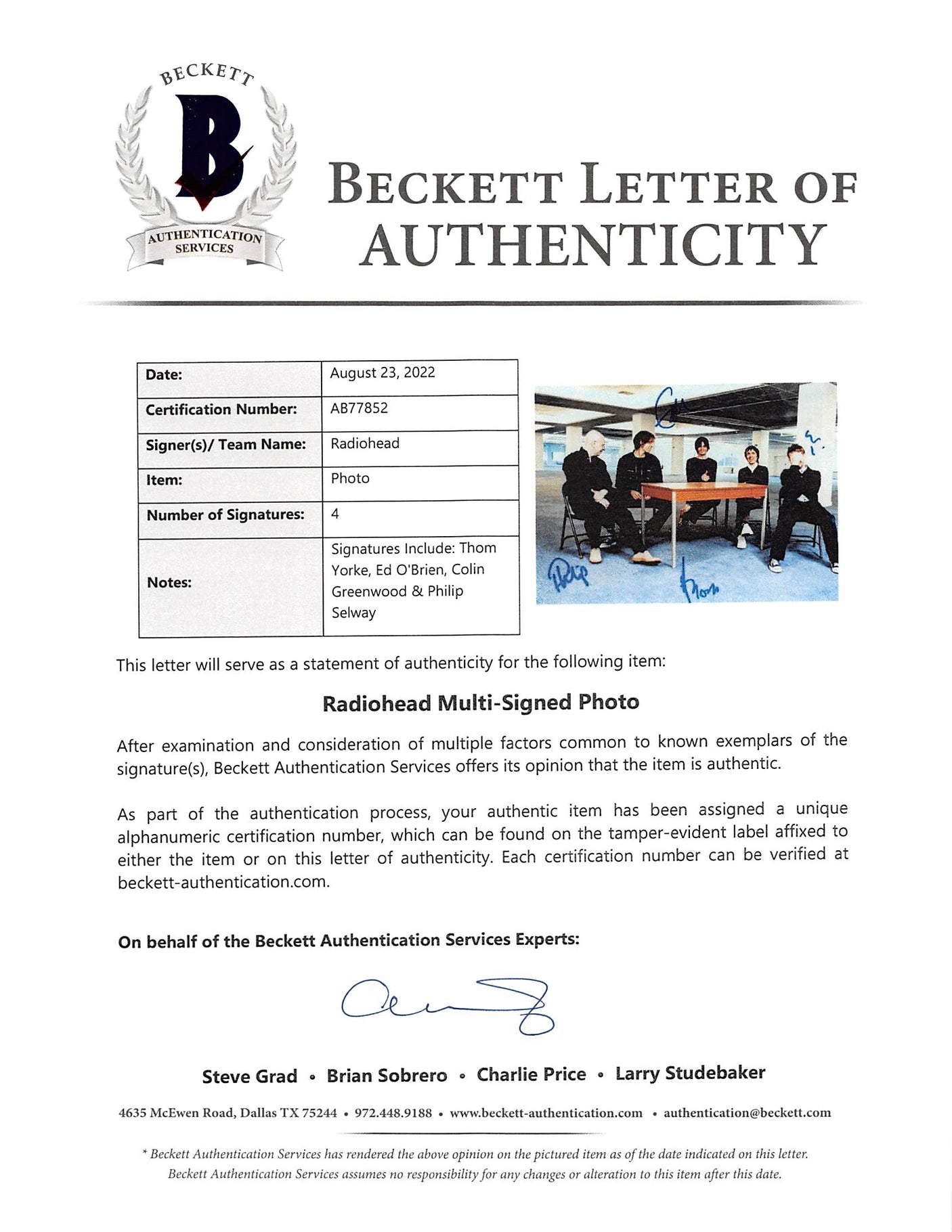 Radiohead (4) Yorke, O'Brien, Greenwood & Selway Signed 8x10 Photo BAS #AB77852