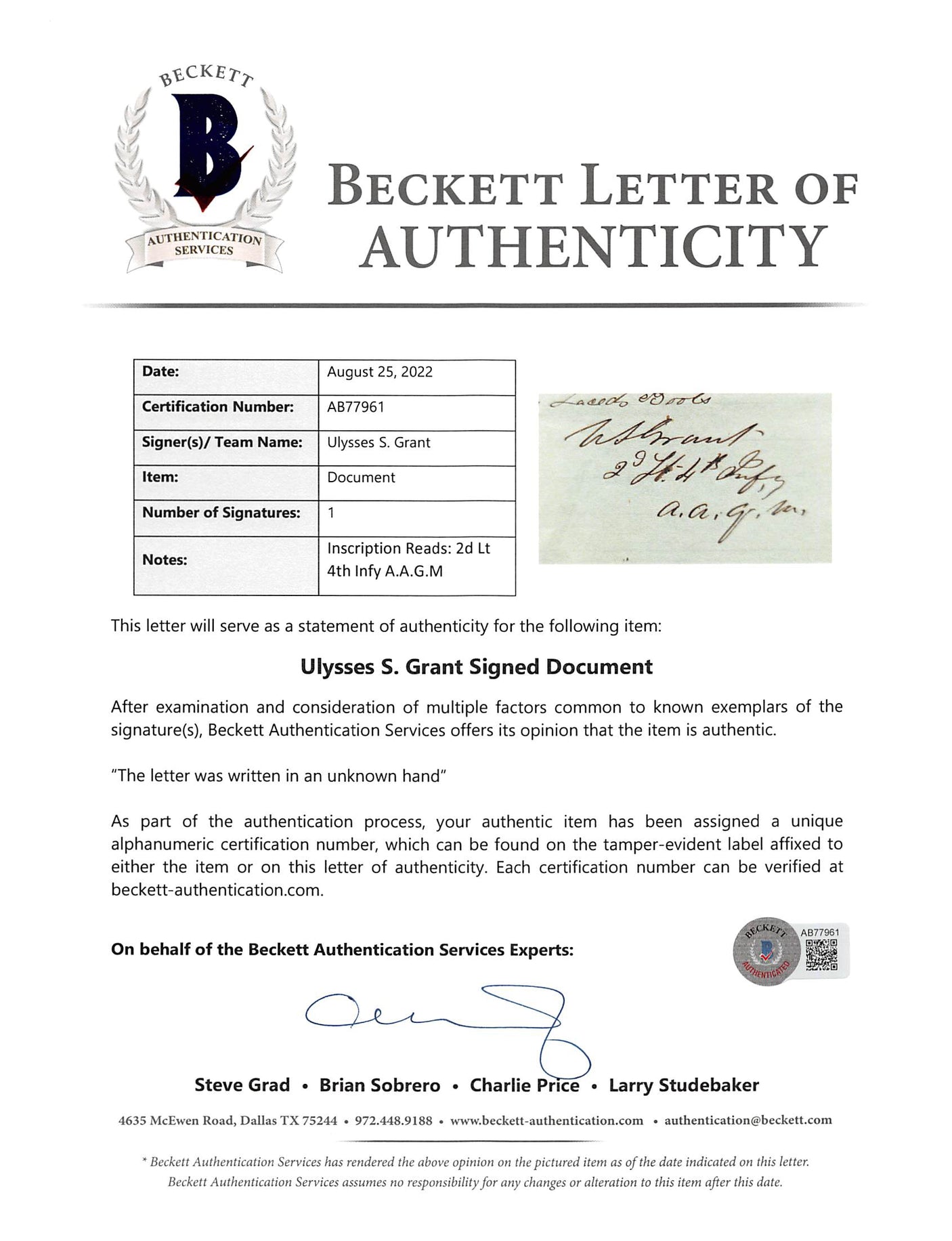 Ulysses S. Grant "4th Infy A.A.G.M." Authentic Signed 4x8 Document BAS #AB77961