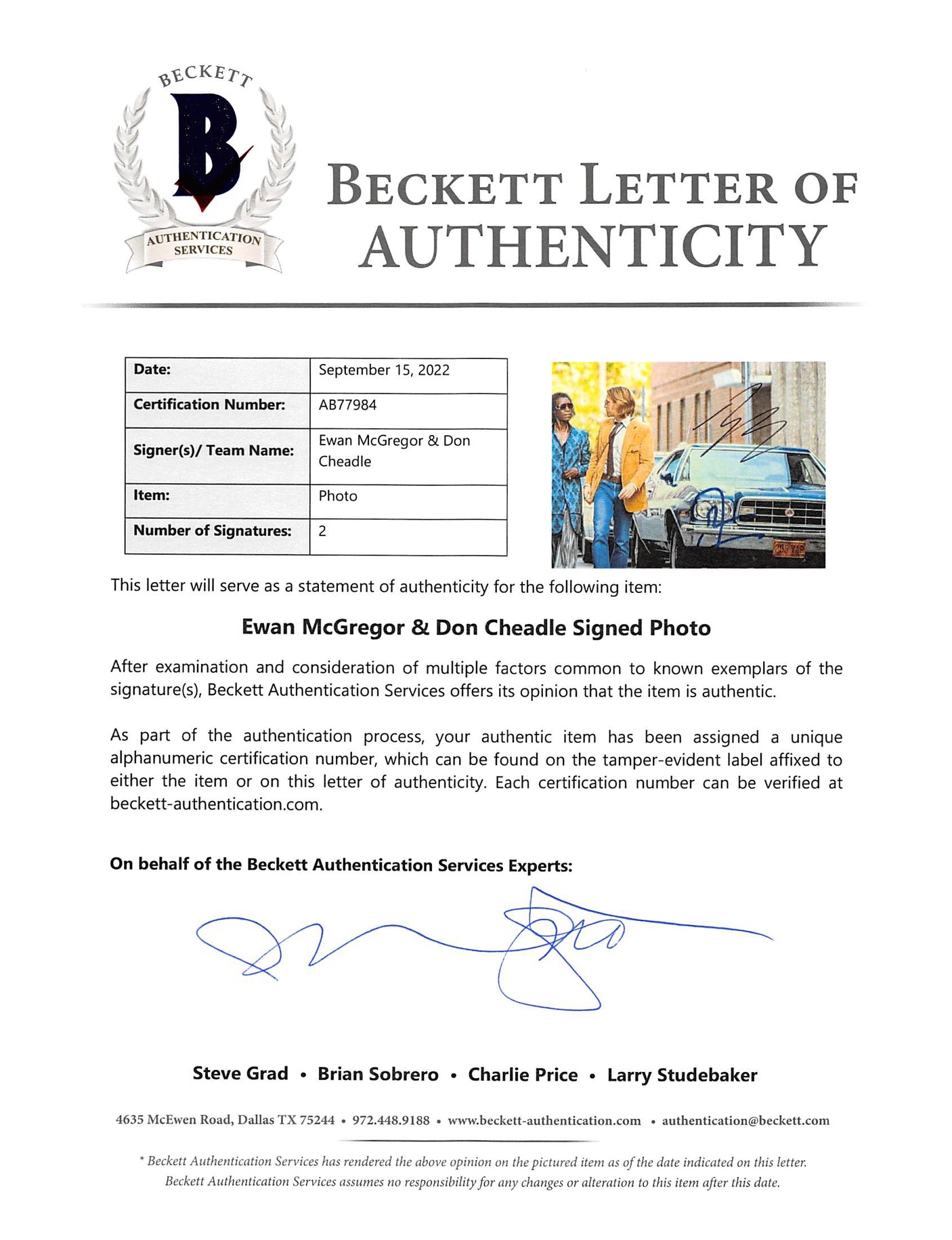 Ewan McGregor & Don Cheadle Miles Ahead Authentic Signed 8x10 Photo BAS #AB77984