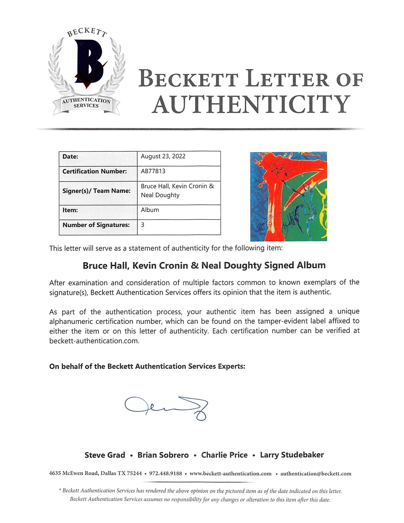 REO Speedwagon (3) Hall, Cronin & Doughty Signed Album Cover BAS #AB77813