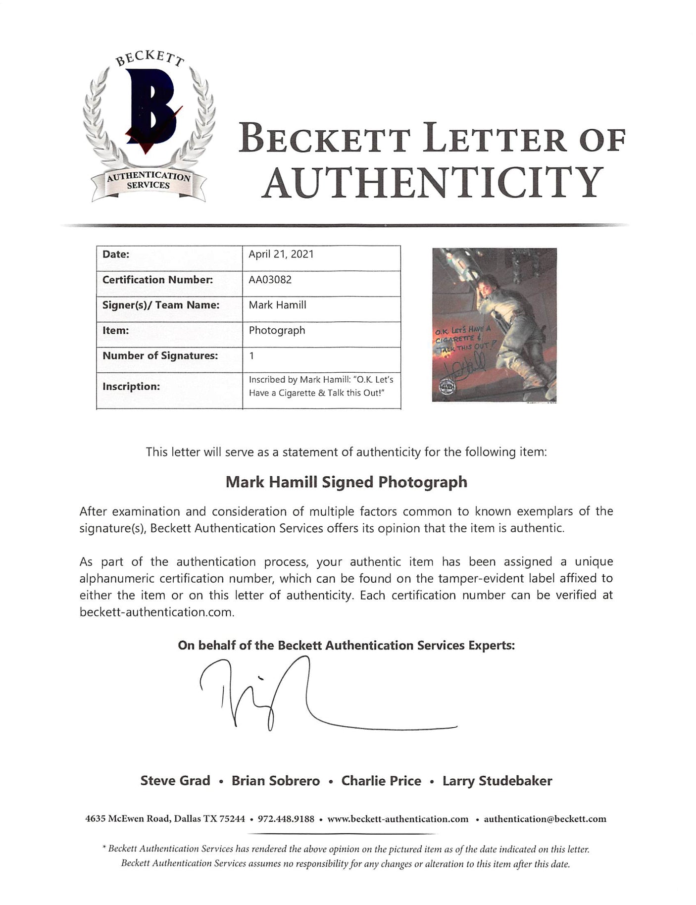 Mark Hamill Star Wars The Empire Strikes Back Signed 8x10 Photo BAS Slabbed 1