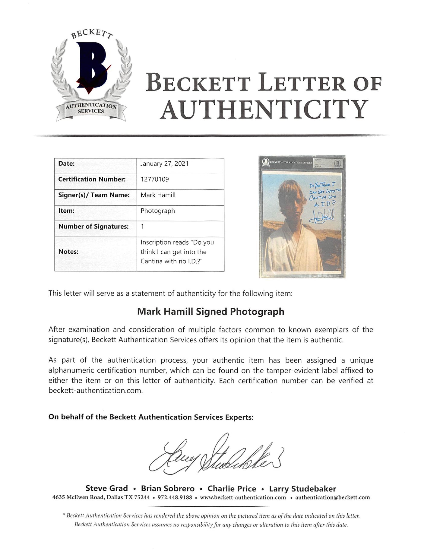 Mark Hamill Star Wars A New Hope Authentic Signed 8x10 Photo BAS Slabbed